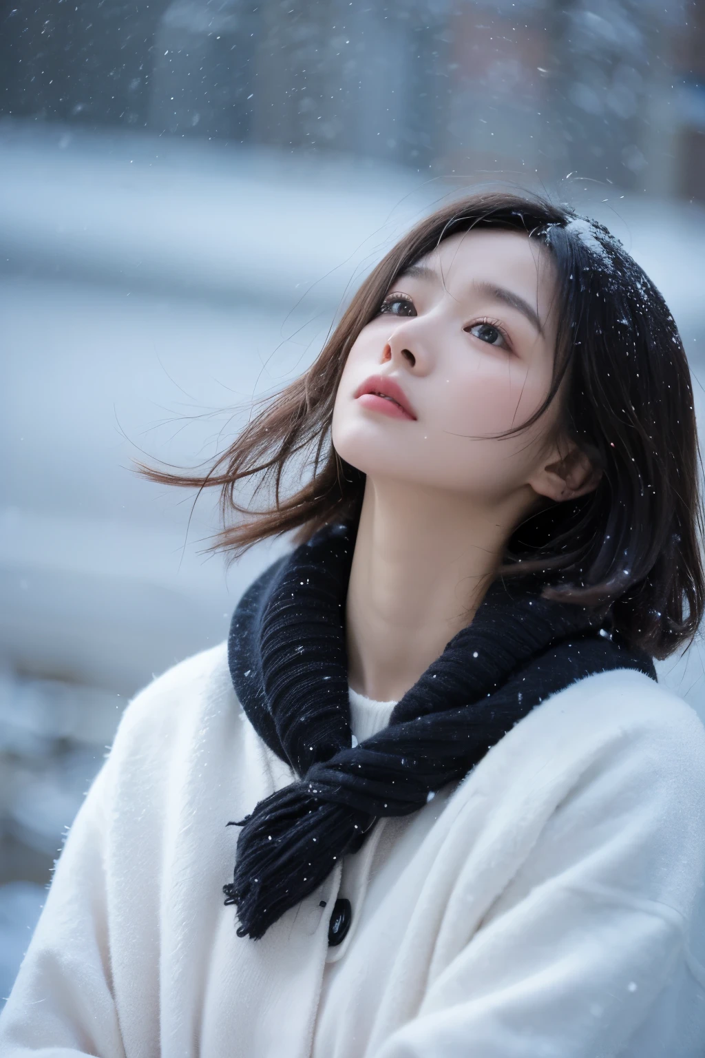 upper body, in the snow, sad, melancholy atmosphere, A short-haired girl, look up, floating hair, masterpiece, best quality, raw photo, detailed face