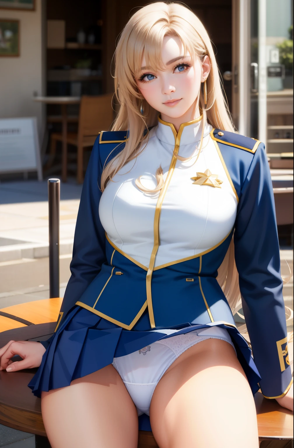 realistic pictures、real image、realizetion ,best image quality、1 girl, Sayla Mass, elegant,spread legs,white pantiesーを見せる, table top, Complex,超ミニskirt、white panties、 realistic, highest quality, absurd, high facial detail, perfect eyes, 18-year-old, cowboy shot, , Bright colors, white uniform, skirt