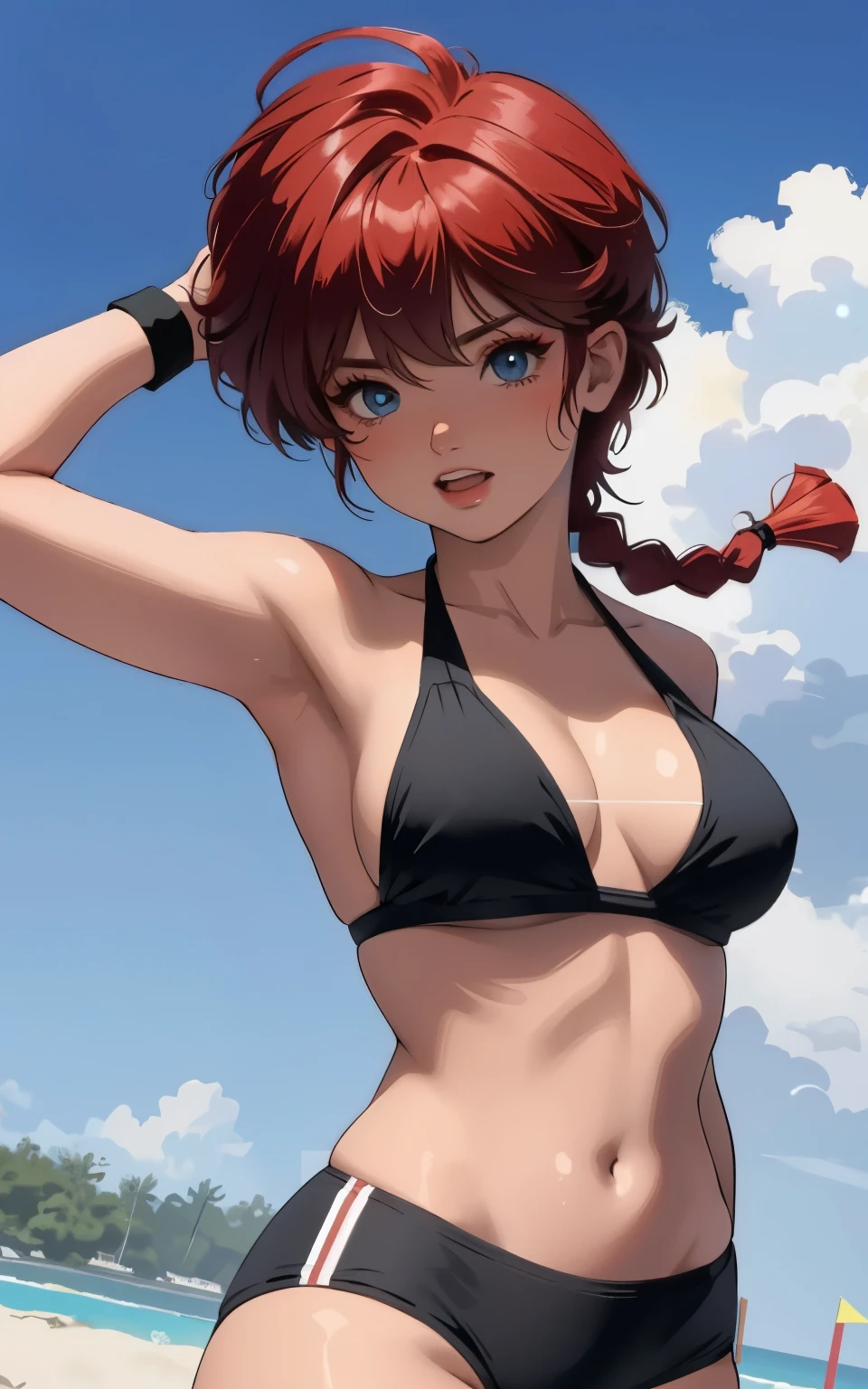 (jumping:1.4), (Spike:1.4), 1 lady, red hair , short hair, boyish, blue-gray eyes, perfect face, beach volleyball player, (masterpiece) , (best quality) , (8k wallpaper) , (detailed eyes) , (detailed illustration) , photorealistic , perfect anatomy , cinematic shadows , ranma1/2, ranma-chan, 1 girl , boyish face, (((tan))) , (((bikini tan))) , super detailed skin , Thick , fat , big breasts , glamorous , heavy sweat, wet hair, beautiful detailed eyes, blue eyes, slant eyes, looking at ball, (smirk:0.9) , open mouth, v-shaped eyebrows , best quality, ultra-detailed, (illustration), ultra-detailed, (extremely delicate eyes:1.3), (red hair) , short hair , (braided ponytail) , ((bangs)) , bumpy bangs , black-wristbands , pink and white bikinie , swimsuit,  cameltoe , pink enameled leather , (extremely detailed top), (extremely detailed shorts) , glistening pink , black-wristbands , vibrant colour , shadow, contrast, refraction, perspective, depth, good anatomy, stunning details , cinematic shadows , summer , cloud, beach , strong light coming in , blurry background , The offensive action of hitting the ball. , 