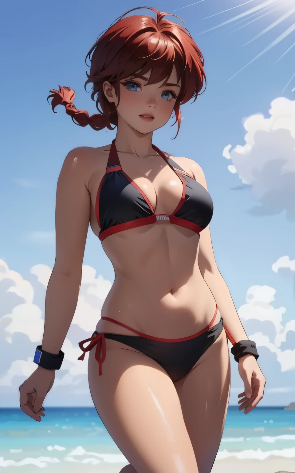 (jumping:1.4), (Spike:1.4), 1 lady, red hair , short hair, boyish, blue-gray eyes, perfect face, beach volleyball player, (masterpiece) , (best quality) , (8k wallpaper) , (detailed eyes) , (detailed illustration) , photorealistic , perfect anatomy , cinematic shadows , ranma1/2, ranma-chan, 1 girl , boyish face, (((tan))) , (((bikini tan))) , super detailed skin , Thick , fat , big breasts , glamorous , heavy sweat, wet hair, beautiful detailed eyes, blue eyes, slant eyes, looking at ball, (smirk:0.9) , open mouth, v-shaped eyebrows , best quality, ultra-detailed, (illustration), ultra-detailed, (extremely delicate eyes:1.3), (red hair) , short hair , (braided ponytail) , ((bangs)) , bumpy bangs , black-wristbands , pink and white bikinie , swimsuit,  cameltoe , pink enameled leather , (extremely detailed top), (extremely detailed shorts) , glistening pink , black-wristbands , vibrant colour , shadow, contrast, refraction, perspective, depth, good anatomy, stunning details , cinematic shadows , summer , cloud, beach , strong light coming in , blurry background , The offensive action of hitting the ball. , 