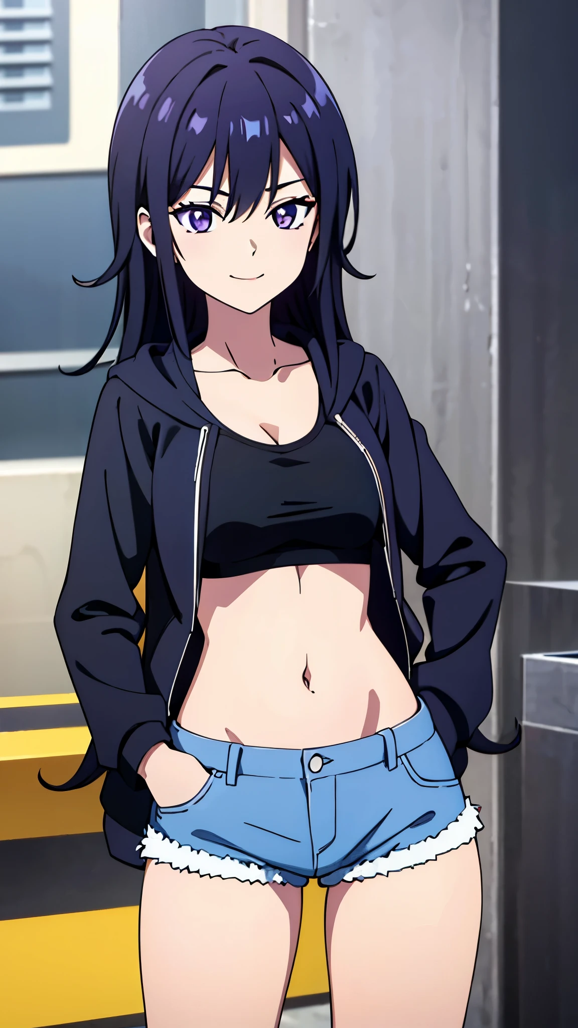 masterpiece, highres, solo, 8k, detailed, perfect face, best quality, anime artstyle, (ultra high quality), looking viewers, collarbone, medium breast, cleavage, black hair, long hair, violet eyes, belly, stomach, navel, abs, midriff, crop hoodie, denim shorts, slim body, upper body, emotionless, smile, flat face, hands in pocket