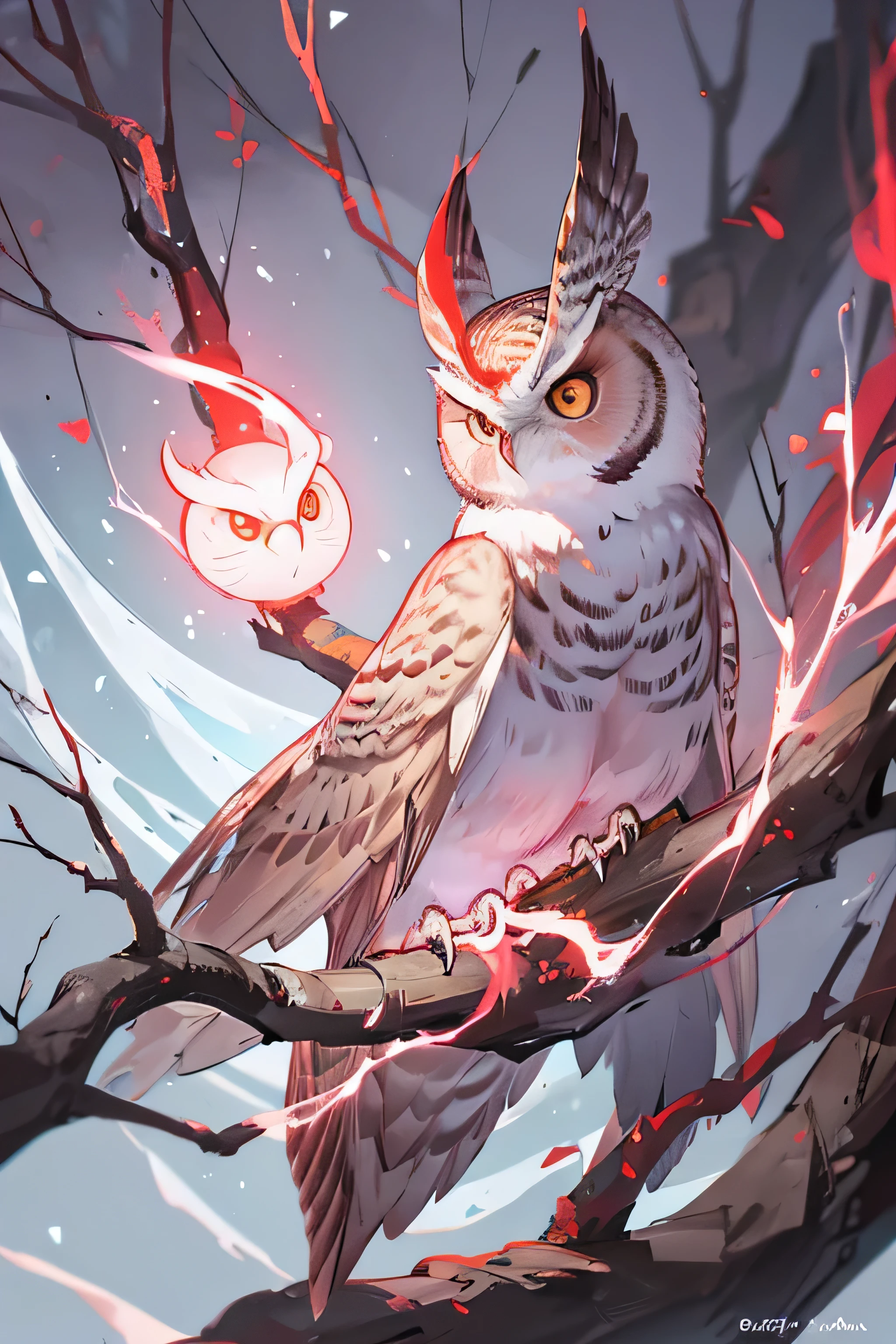 A wise owl perched on a branch, its body outlined by a soft red aura, its eyes glowing with ancient knowledge