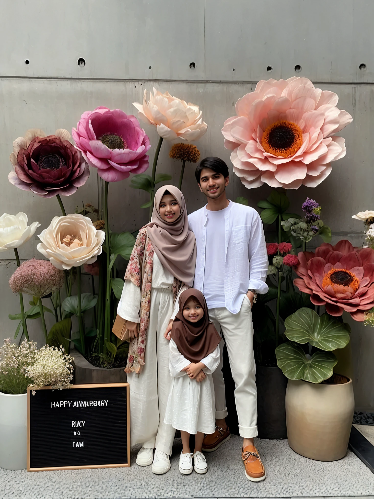 there is a woman and a  standing in front of a flower display, giant flowers, hijab, huge blossoms, white hijab, inspired by Fathi Hassan, standing in a flower field, in garden, inspired by Shaddy Safadi, with a , modest, with flowers, standing in flower field, instagram picture, beautiful aesthetic