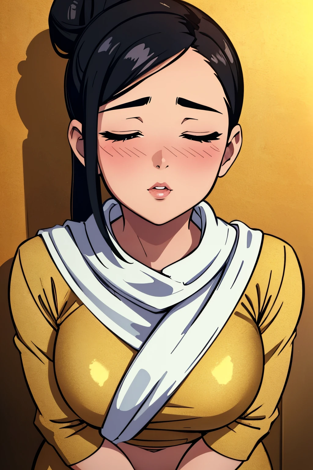 Sexy woman, black hair tied in a bun, smokey eyes, eyeliner, blushing intensely, fairest skin, plump face, soft lips, gold blouse, white saree with gold borders, pinned against a wall