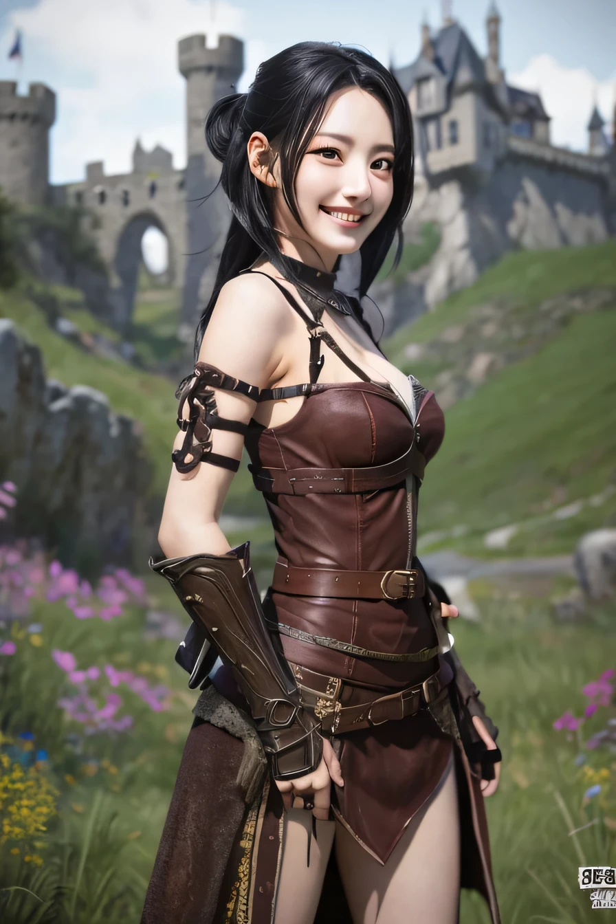highest resolution, 4k, masterpiece: 1.3), japanese mature, women pictures, sexy, fine eyes, slender body shape, realistic teeth, double eyelid, full body, highest quality, become familiar with, equipped with armor, in a fantasy world, The background is a castle、black hair、ear piercing、smile、beautiful teeth、mouth open、full body photo、holding a weapon

