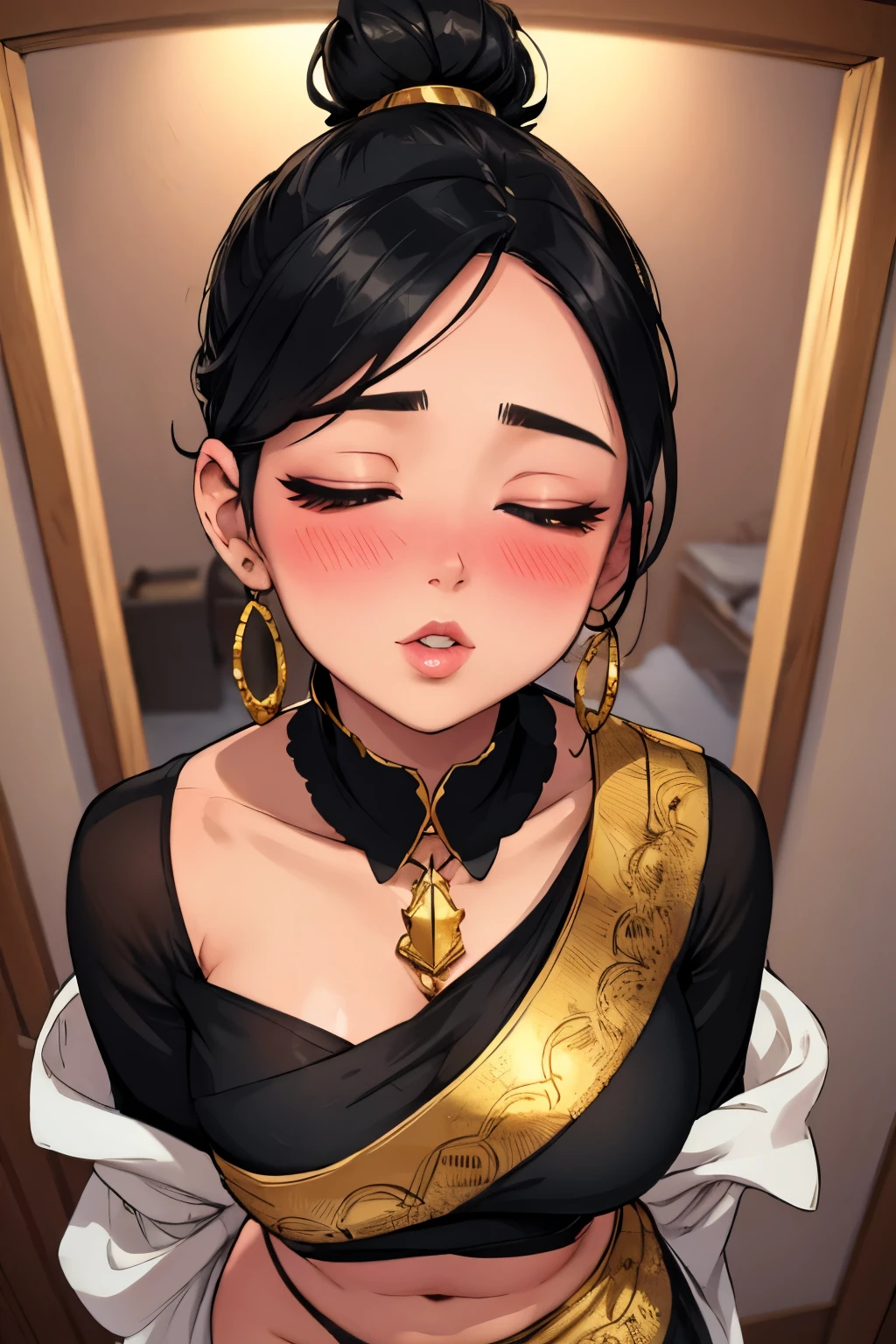 Sexy woman, black hair tied in a bun, smokey eyes, eyeliner, blushing intensely, fairest skin, plump face, soft lips, gold blouse, white saree with gold borders, pinned against a wall