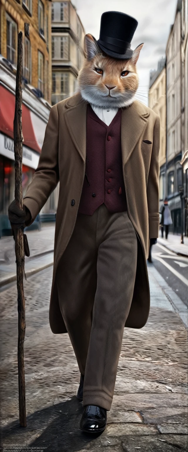 ((masterpiece, highest quality, Highest image quality, High resolution, photorealistic, Raw photo, 8K)), In the streets of London, Gentleman rabbit standing holding stick, wearing hat and tails,