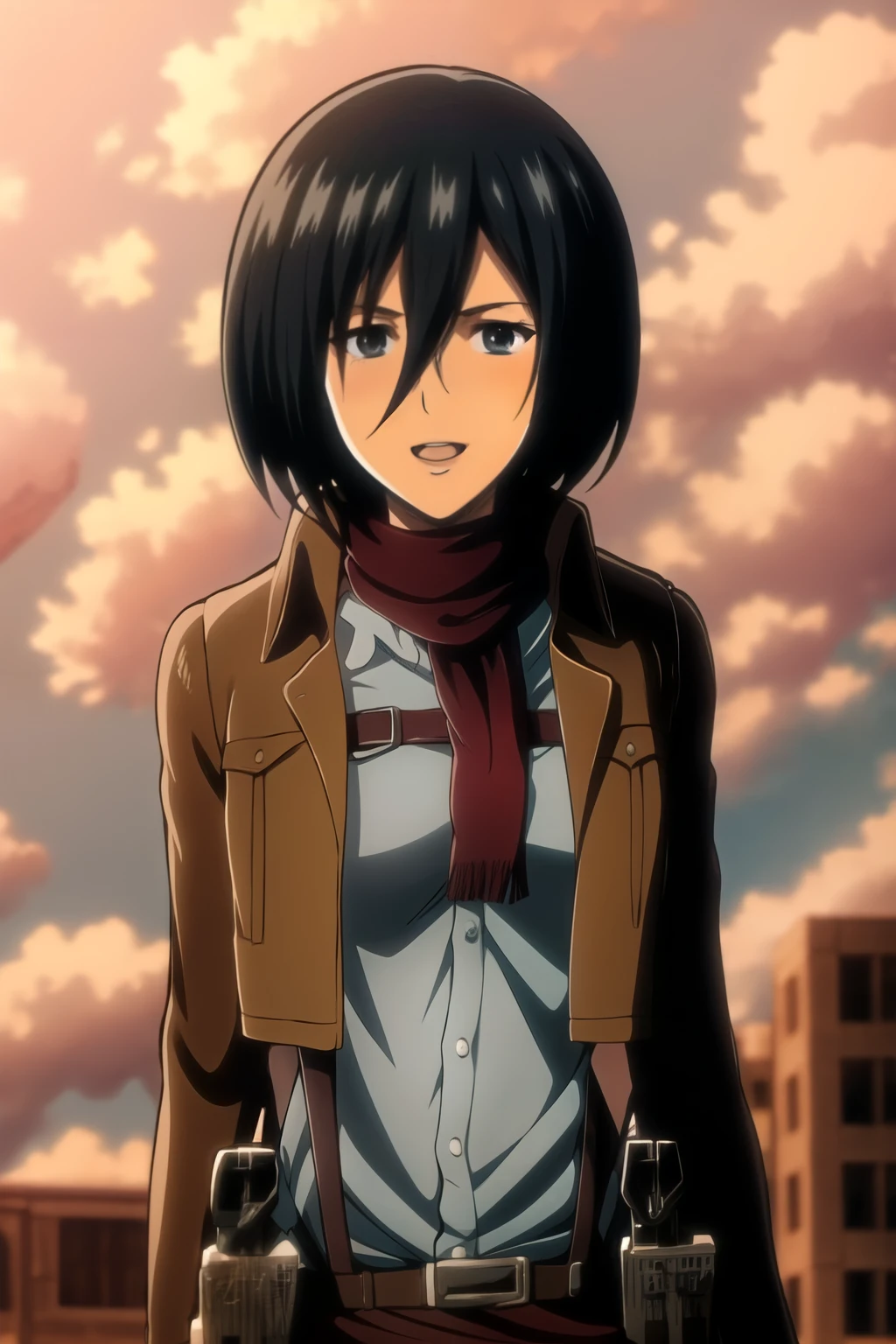 mikasa1 a woman, looking at the viewer, upper body, at the streets, attack on titan style, ultra HD, High Resolution, 8K, Highres, smile, teeth, looking at viewer, ((hands behind the head)), upper half body, cowboy shot, upper half body visible in the image