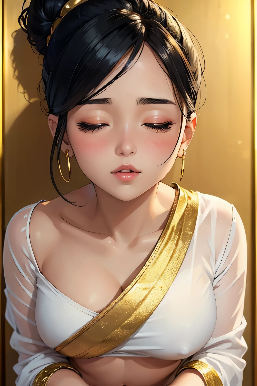 Sexy woman, black hair tied in a bun, smokey eyes, eyeliner, blushing intensely, fairest skin, plump face, soft lips, gold blouse, white saree with gold borders, pinned against a wall