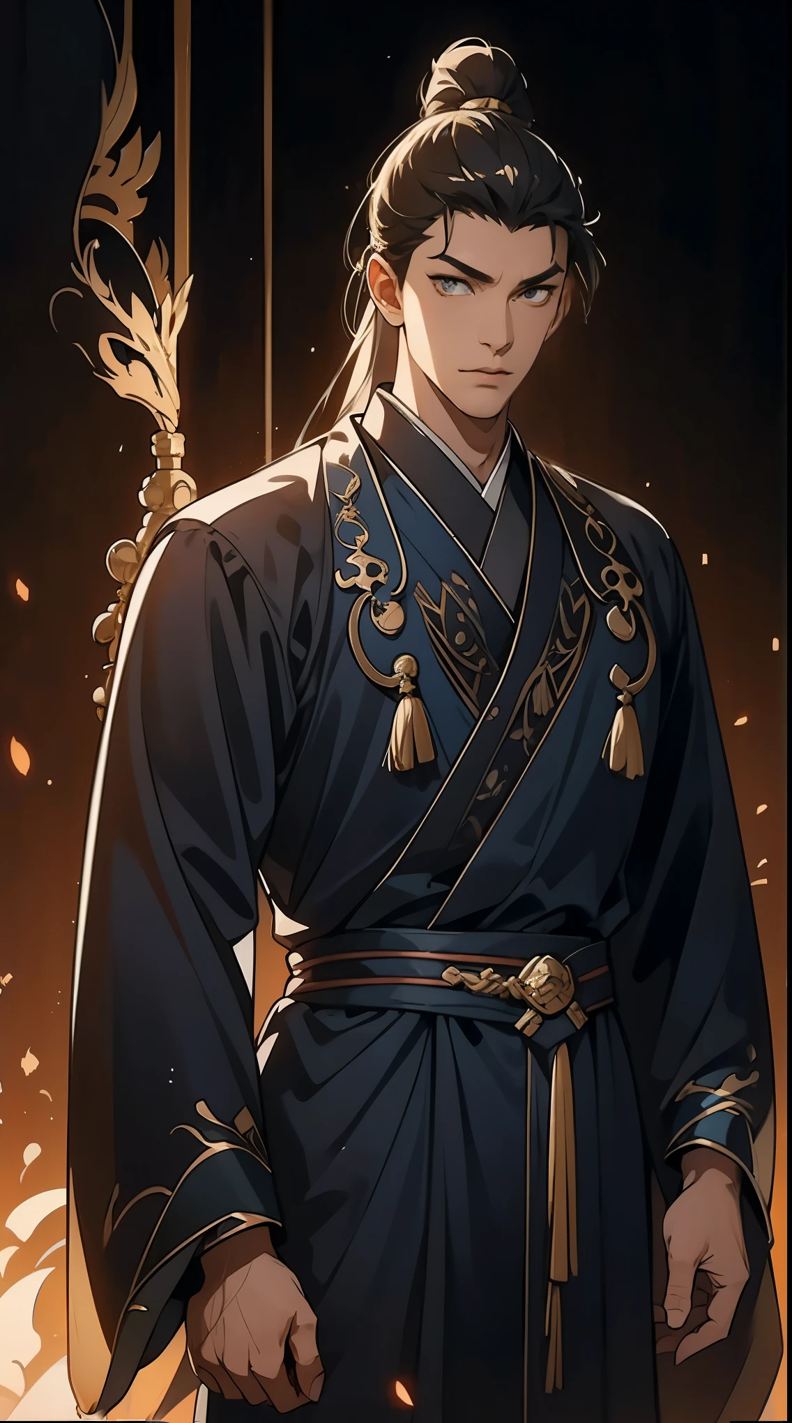 two-dimensional，anime style，one person（male warrior），Correct proportions，facial details，swordsman，High ponytail hairstyle，neck details，There is an Adam&#39;apple，black and gold robe，joke，black and gold robe，clothing details，surrender，long sleeve，Game quality，fencing，Ray tracing，Ray tracing，Delicate glow，CG rendering，Hair details，long black and blonde hair，Black-gold eyes，Handsome，Handsome，（feeling of youth），Costumes are complicated，perfect composition，refine，high quality，More details，complex background，a sense of atmosphere，
