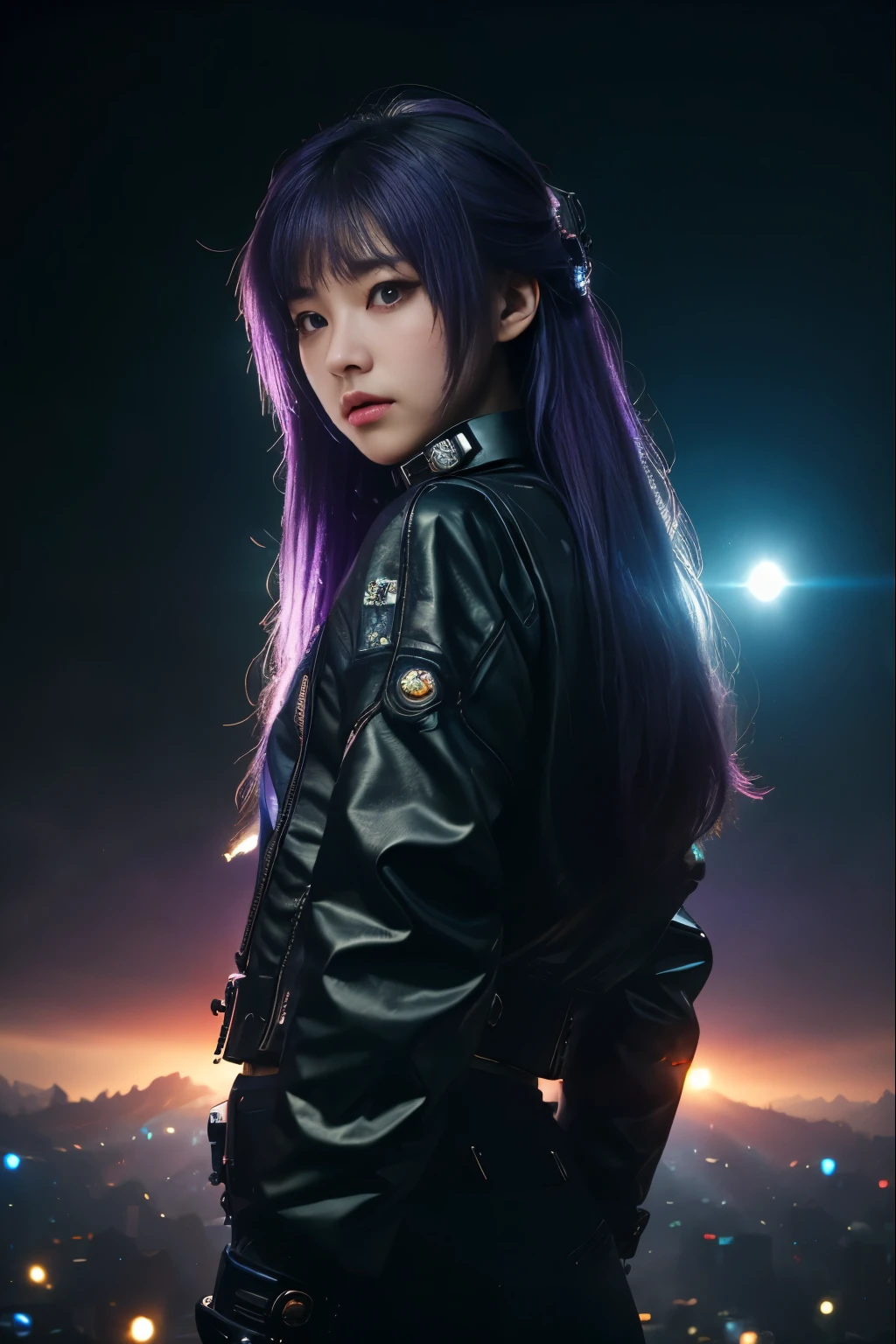 (cyber punk、Super giant UFO、There is a high-definition spaceship in the sky:1.4,8k、2 high school girls、highest quality、masterpiece:1.2)、(realistic、Photoreal:1.2,eggplant field)、1 girl、Japan、20th generation women、night、professional lighting、photon mapping、radio city、looking at camera、towards the camera、staring at the camera、cowboy shot、upper body image、 Bokeh、Depth of the bounds written、Raw photo、high school rooftop、
