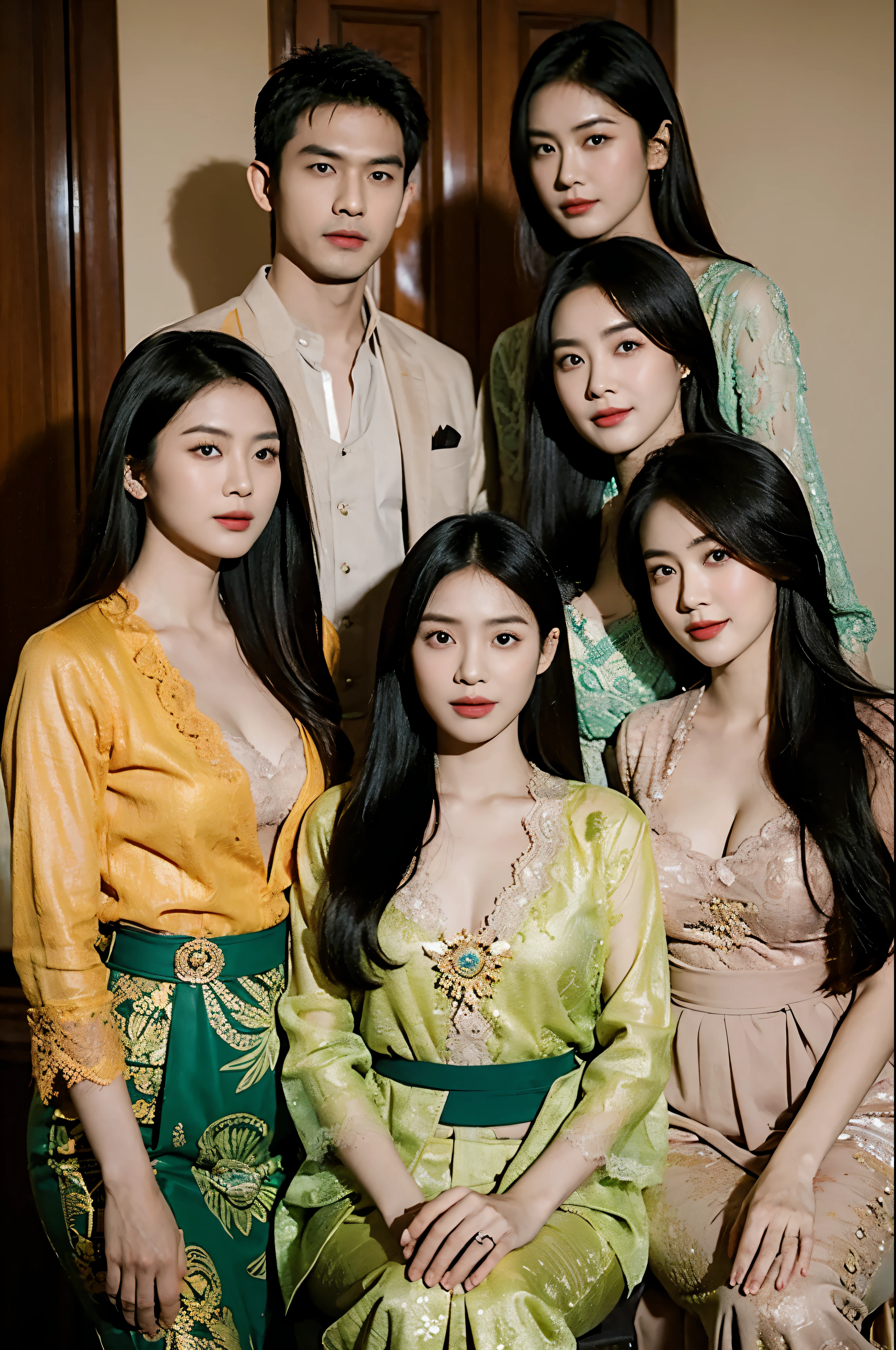 Potrait of a Family, consisting of 4 wife Indonesian-japanese girl and 1 Indonesian boy (24 years old(husband)), Harem (Polygamy), long fashion hair, fit body, small cleavage, skintight green lace kebaya, batik skirt, masterpiece, highly detailed, ultra hd, 8k, detailed face, detailed eyes, perfect eyes, detailed skin texture, detailed lips, sexy lips, perfect hands, dynamic angle, cowboy shot, rich family