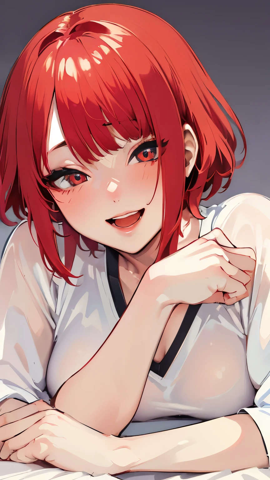 (highest quality, masterpiece:1.2), Super detailed, pisipuf, 1 girl, musical solo, Browse the viewer, shirt, charming smile, cheeks turn red, white canvas, White short-sleeved shirt, short hair, simple background, bangs, redhead, :D lying on the bed