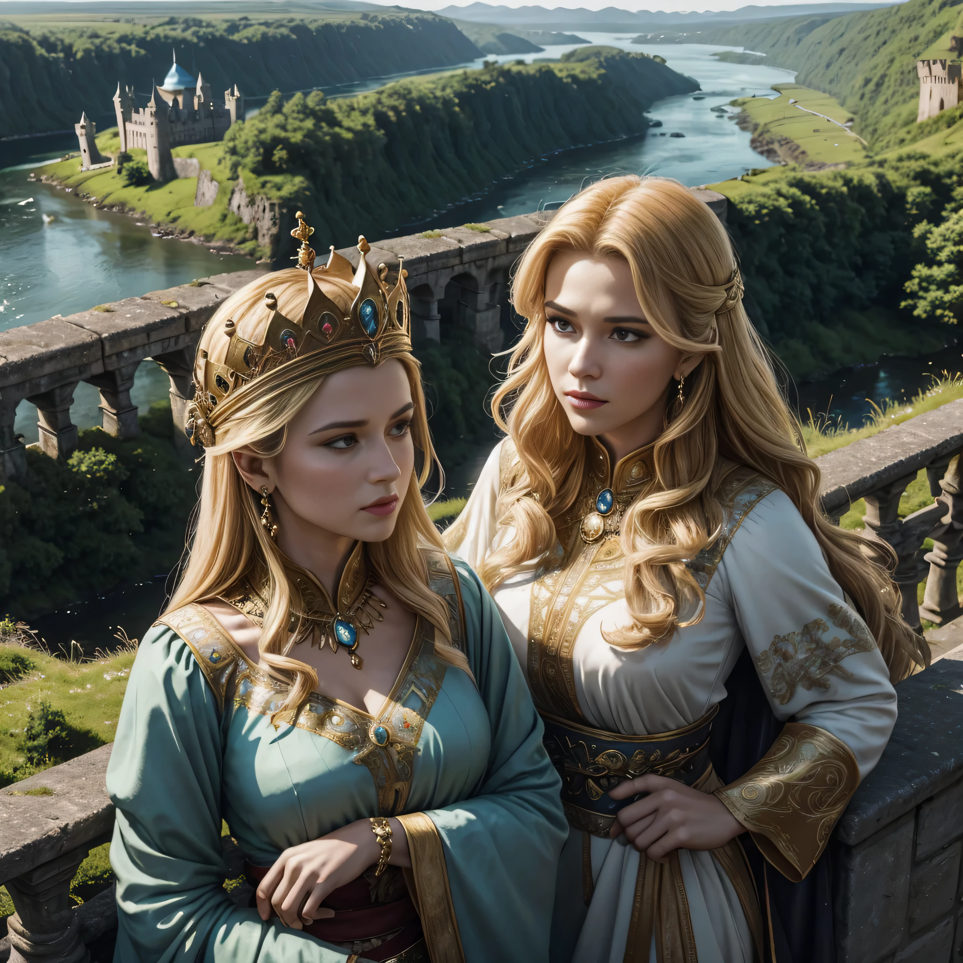 (masterpiece, best quality:1.5), highest quality, High resolution, super detailed, Realists, Upper body photo of a blonde sorceress, detailed and beautiful eyes, beautiful detailed lips, very detailed eyes and face, longeyelashes, shiny satin dress, Holding a magic wand in your hand and performing eine Transformation spell, Magic wands present and shiny, Beautiful and colorful makeup, elegant and noble々The jewelry bag, Gardens as background, soft daylight, bright colors, fine brushstrokes, Portrait style, Silk dress fabric, beautiful color palette, glowing skin, First-class rendering, that captures every detail, enchanting atmosphere, subtle shadows and lights, (perfect anatomy:1.2), (The two breathtaking sorceresses transform birds into jewelry (eine Transformation):1.4), (magnificent panorama view:1.2)