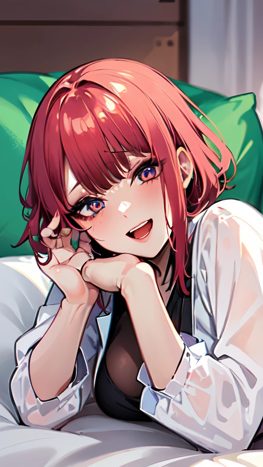 (highest quality, masterpiece:1.2), Super detailed, pisipuf, 1 girl, musical solo, Browse the viewer, shirt, charming smile, cheeks turn red, white canvas, White short-sleeved shirt, short hair, simple background, bangs, redhead, :D lying on the bed