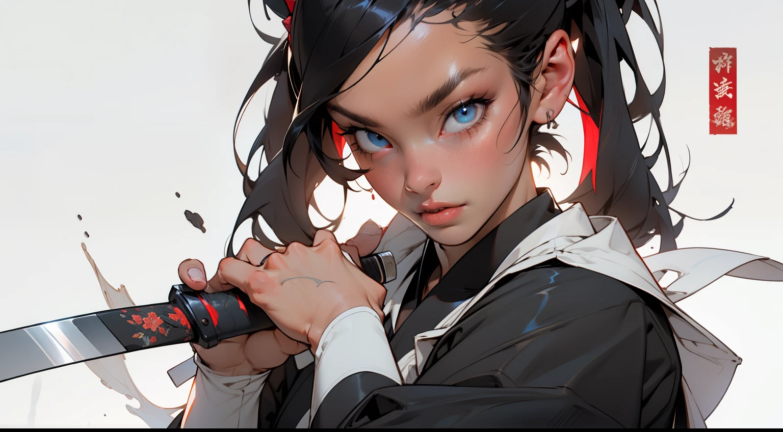 Natural eyes, clear details, excellent quality, UHD resolution, Highest Quality, Masterpiece, Best Quality, 8k, UHD, Retina, masterpiece, anatomically correct, textured skin, super detail, high detail, high quality, best quality, High resolution, 1080P, HD, 4K, 8k, a young girl in a maid costume, holding a katana, black hair, blue eyes, pigtails, maid costume, white background