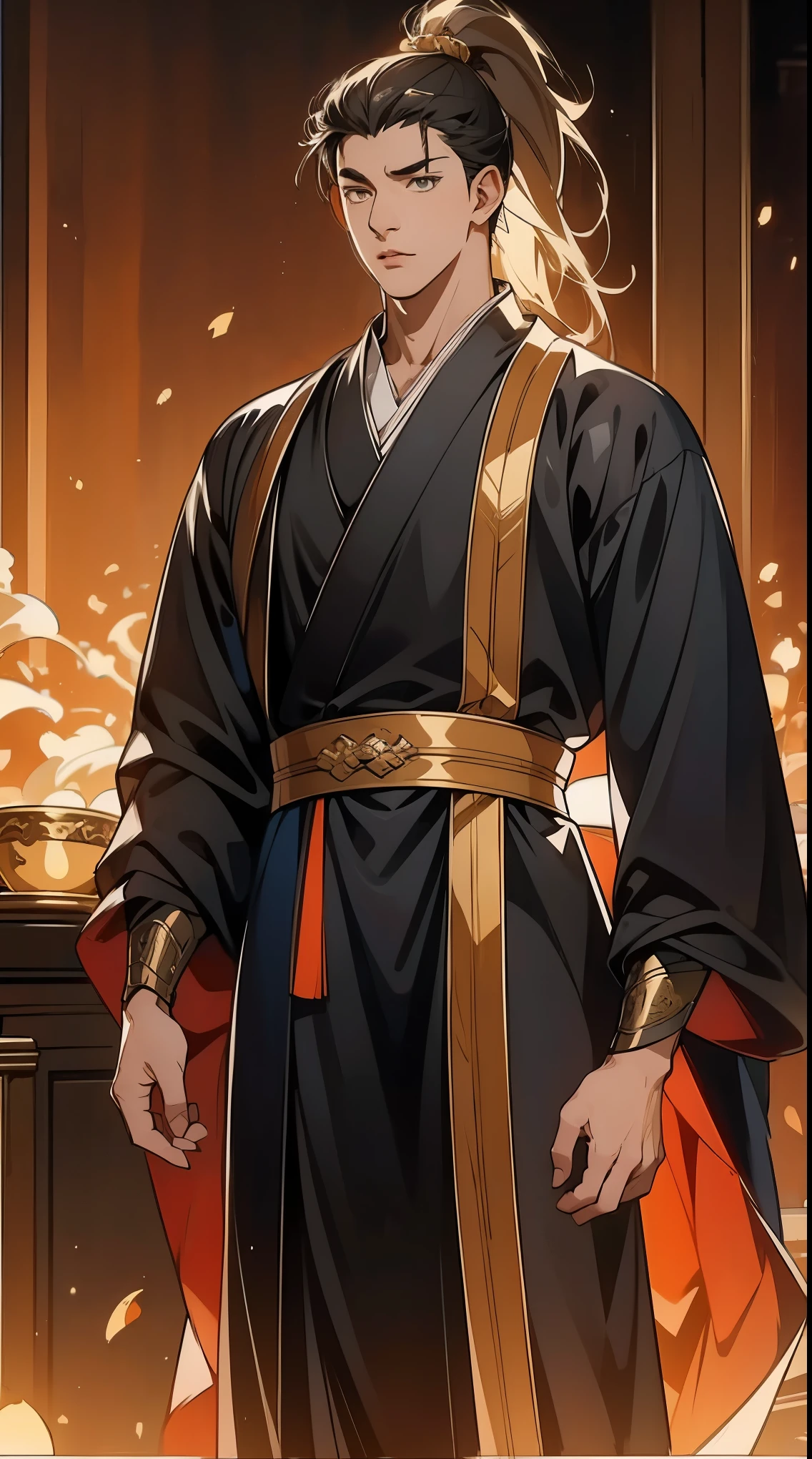 two-dimensional,anime style,one person(male warrior),Correct proportions,facial details,swordsman,High ponytail hairstyle,neck details,There is an Adam'apple,black and gold robe,joke,black and gold robe,clothing details,surrender,long sleeve,Game quality,fencing,Ray tracing,Ray tracing,Delicate glow,CG rendering,Hair details,long black and blonde hair,Black-gold eyes,Handsome,Handsome,(feeling of youth),Costumes are complicated,perfect composition,refine,high quality,More details,complex background,a sense of atmosphere,