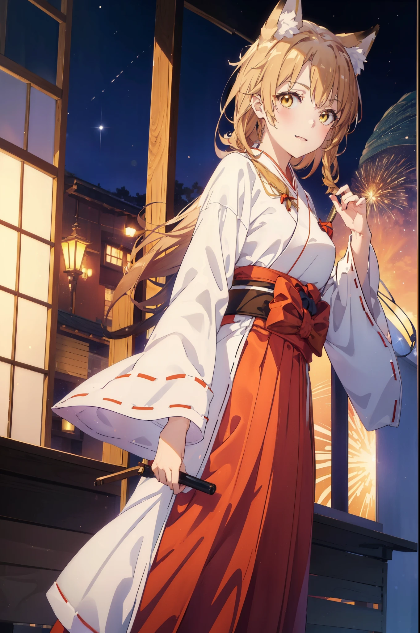 irohaisshiki, iroha isshiki, long hair, brown hair, (brown eyes:1.5), happy smile, smile, open your mouth,short braided hair,ponytail,animal ears fox ears,animal tail fox tail,Bellflower,Miko, kimono, Red too,kimono, same as skirt, wide sleeve, long sleeve, Ribbon trim sleeves, white foot bag,Zori sandals,firework in the night sky、firework、The place is a firework display,Time is night,sunny day,全身がイラストに入るように
break indoors, festival,
break looking at viewer,
break (masterpiece:1.2), highest quality, High resolution, unity 8k wallpaper, (shape:0.8), (beautiful deしっぽed eyes:1.6), extremely deしっぽed face, perfect lighting, extremely deしっぽed CG, (perfect hands, perfect anatomy),