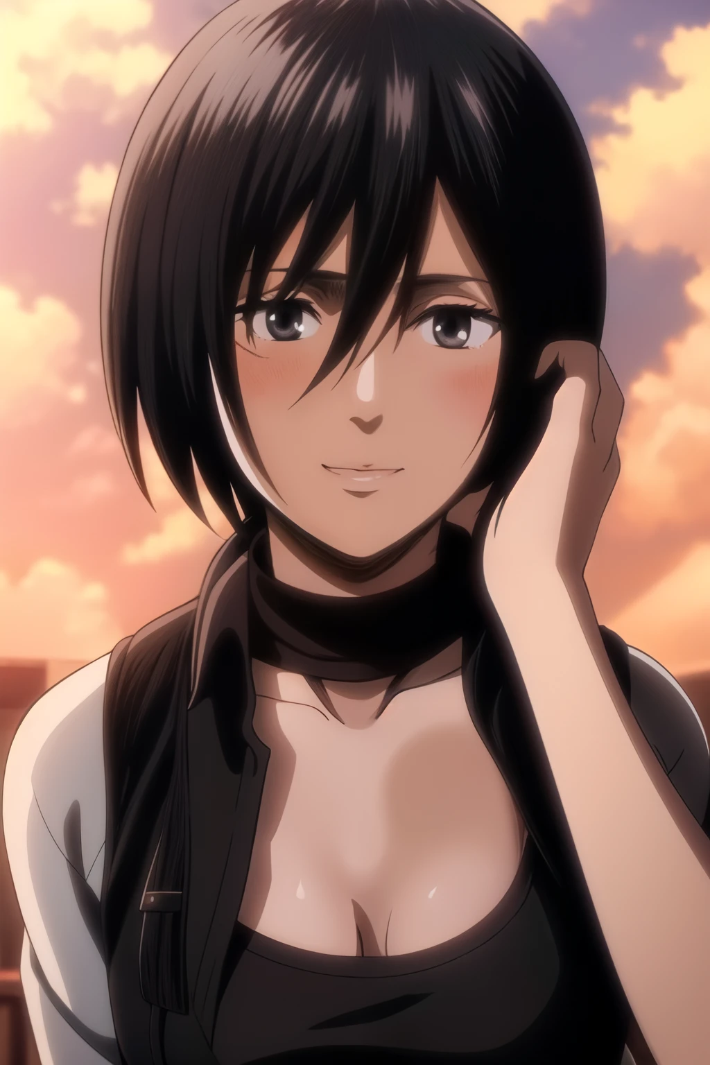 mikasa1 a woman, looking at the viewer, upper body, at the streets, attack on titan style, ultra HD, High Resolution, 8K, Highres, smile, teeth, looking at viewer, ((hands behind the head)), upper half body, cowboy shot, upper half body visible in the image , ((wearing black bra and underwear , short hair, beautiful face 