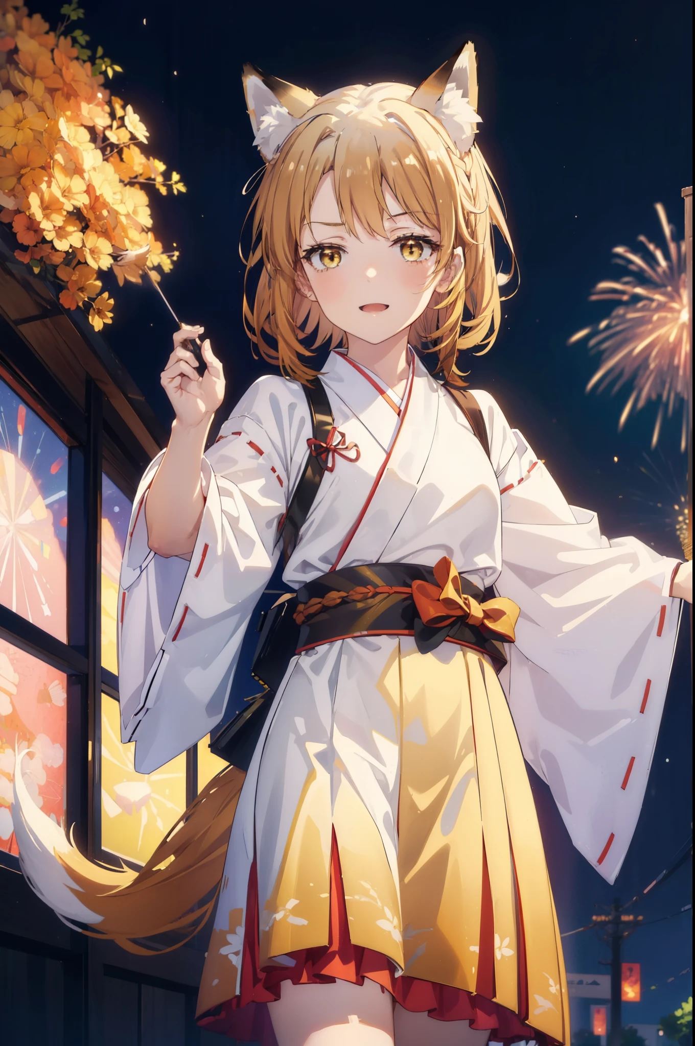 irohaisshiki, iroha isshiki, long hair, brown hair, (brown eyes:1.5), happy smile, smile, open your mouth,short braided hair,ponytail,animal ears　fox ears,animal tail　fox tail,Bellflower,Miko, kimono, Red too,kimono, same as skirt, wide sleeve, long sleeve, Ribbon trim sleeves, white foot bag,Zori sandals,firework in the night sky、firework、The place is a firework display,Time is night,sunny day,全身がイラストに入るように
break indoors, festival,
break looking at viewer,
break (masterpiece:1.2), highest quality, High resolution, unity 8k wallpaper, (shape:0.8), (beautiful deしっぽed eyes:1.6), extremely deしっぽed face, perfect lighting, extremely deしっぽed CG, (perfect hands, perfect anatomy),