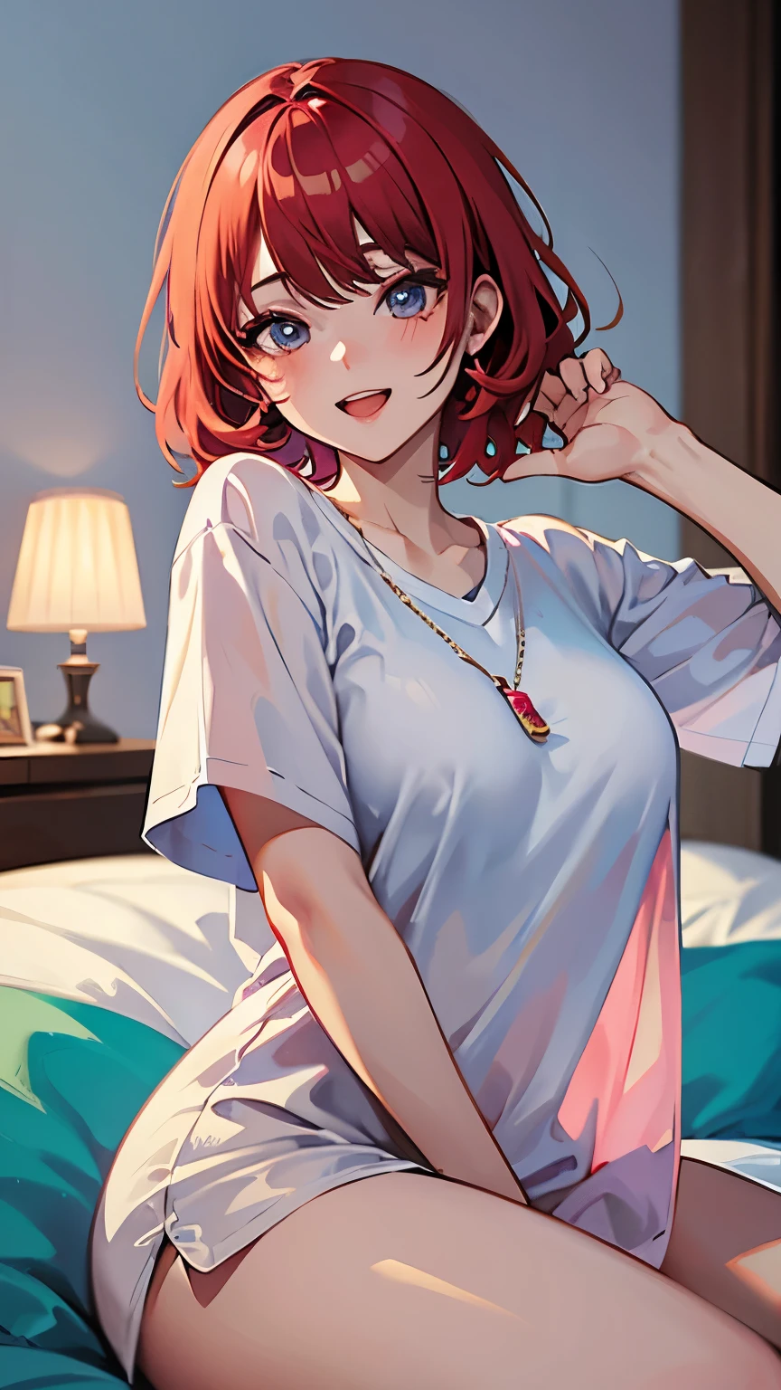 (highest quality, masterpiece:1.2), Super detailed, pisipuf, 1 girl, musical solo, Browse the viewer, shirt, charming smile, cheeks turn red, white canvas, White short-sleeved shirt, short hair, simple background, bangs, redhead, :D lying on the bed