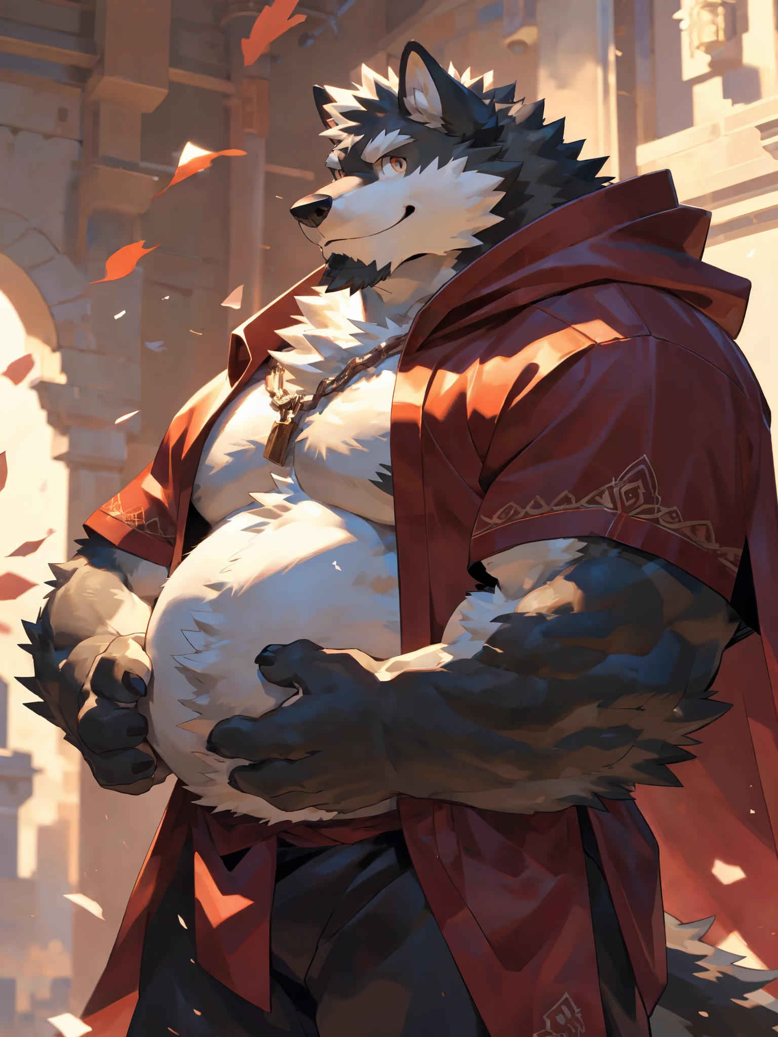 solo, ((fluffy fur, fluffy, furry body)), detailed fluffy fur, detailed face, detailed eyes, dynamic pose, (ultra detailed), sharp focus, niji, eyesgod, furry, (gray-black fur:1.5), white beard, anthro (wolf), male, middle-aged, white belly, (((muscular))), (endomorph body type:0.2), not too fat, BREAK ((warrior costume, long red cherry cloak)), ultra detailed face, high details, high quality, (best quality,4k,8k,highres,masterpiece:1.2), (close up:1.3), by takemoto arashi, by kulplant, by null-ghost, by raccoon21, dynamic lighting, smile, (full body:1.4), looking at viewer, standing, close-view portrait, indoorhighres, hands holding belly, hand wraps, detailed hands