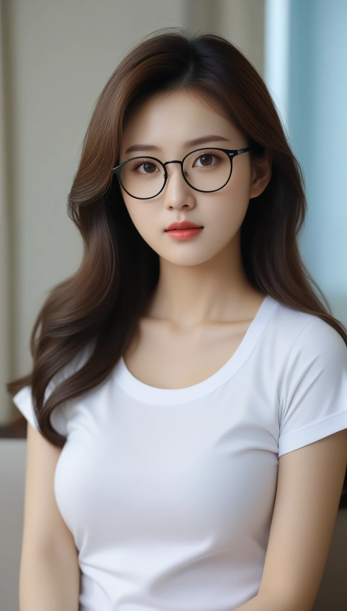 Close-up shot of beautiful korean female, 36 inch breasts size, wavy hair, glasses, waering rolled sleeves t-shirt, watching television , in her room, near the window, UHD