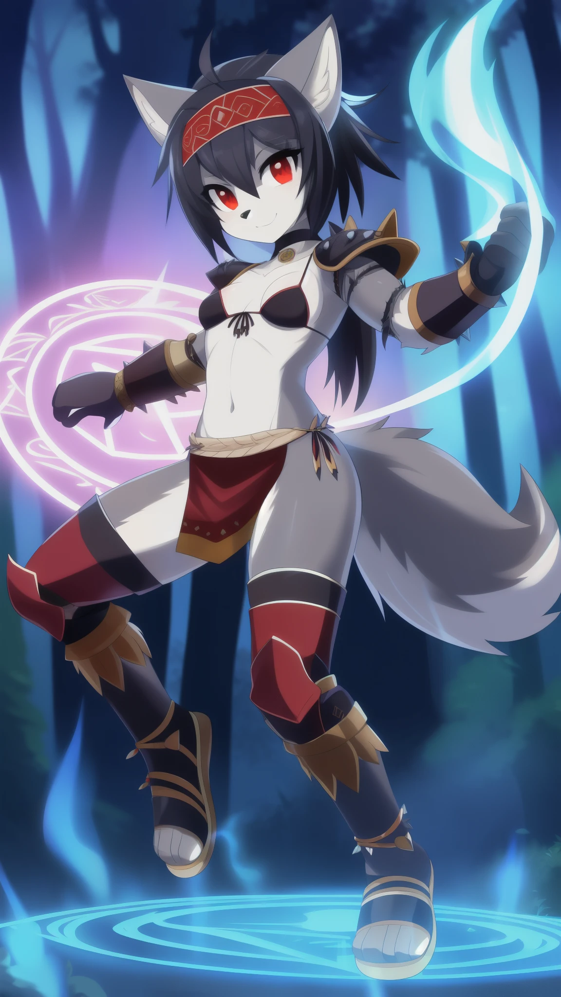 furry girl, wolf, black hair, punk hairstyle, long spiky ponytail, anime style, small breasts, red eyes, ((sandals, shoulder armor, loincloth, vambraces, bikini, neck ring, shin guards, tail ornament, tribal, dark choker, bikini armor, dark headband)), high quality, detailed body, detailed eyes, detailed face, masterpiece, glistening body, detailed body fur, best quality, two tone body, gray fur, clear gray fur, perfect lighting, perfect shadows, perfect eyes, perfect hair, perfect face, gorgeous body, :3, feets with three toes, full body, solo, forest, clear sky, magic aura, Action: Magic fight, Magic circle,