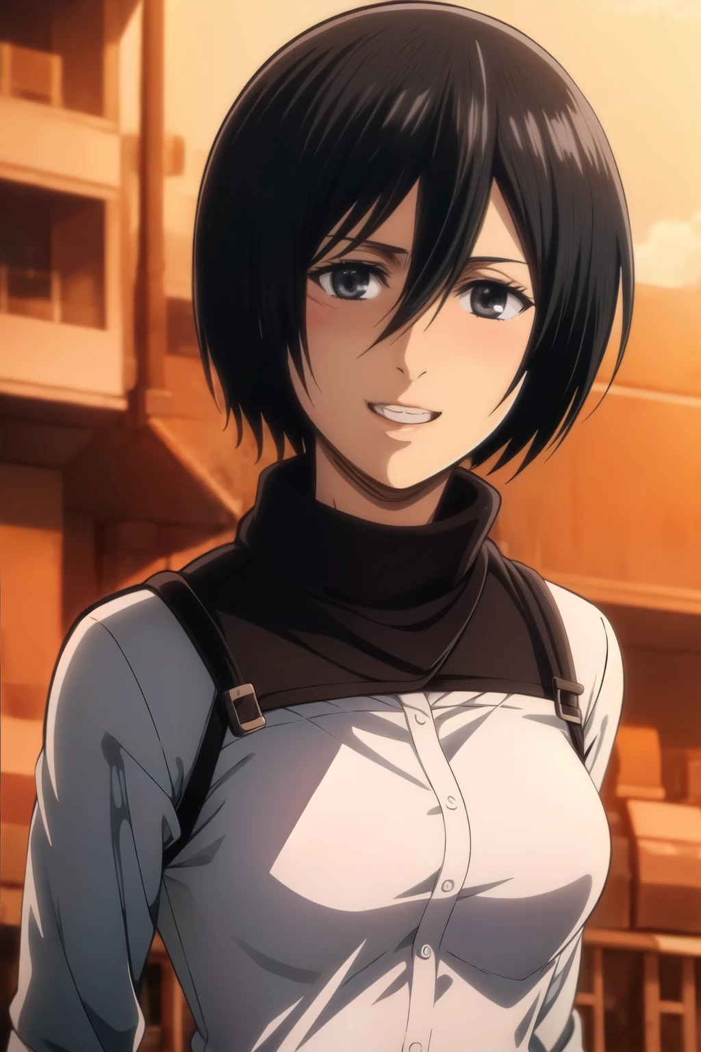 mikasa1 a woman, looking at the viewer, upper body, at the streets, attack on titan style, ultra HD, High Resolution, 8K, Highres, smile, teeth, looking at viewer, ((hands behind the head)), upper half body, cowboy shot, upper half body visible in the image , ((wearing black bra and underwear , short hair 