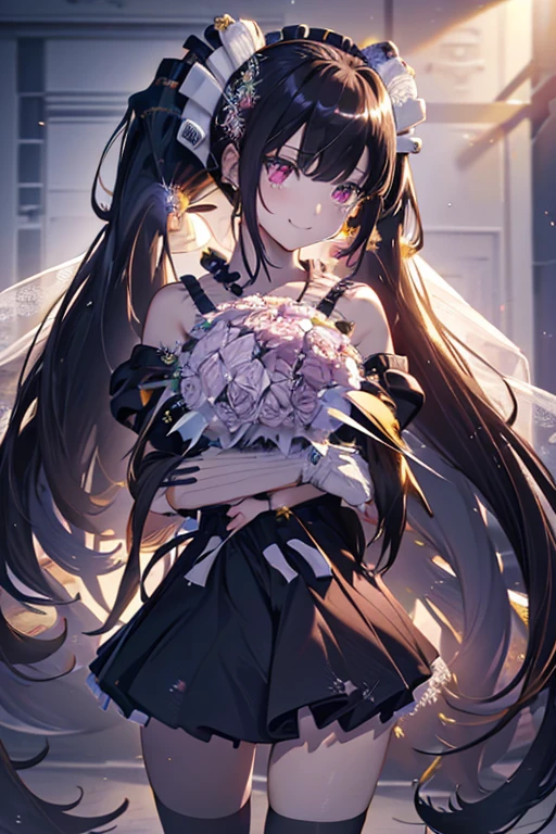 (from above:1.25),(from side:0.8), ((Face)), (Close-Up:0.9), ((looking at viewer, holding a bouquet to his mouth)), highest quality、(real、photorealistic:1.4)、(RAW photo:1.2)、very detailed CG unity 8k wallpaper, delicate and beautiful, wonderful, Fine detail, official art, huge file size, Ultra-detailed, very detailed girl, very detailed eyes and face, Bright on the face、(26 age girl:1.0)、small smile, smiling, (twintail hair:1.25), hair between eyes, hair twintails, (long hair:1.25), tiara,ruany,off-shoulder dress,pearl ,(gemstone),tiara,veil,wedding dress, wedding necklace, wedding long gloves, (luxurious bouquet:1.9), chapel, Stained glass,(best quality, highres, masterpiece:1.2), ultra-detailed, (realistic:1.37) illustration, erotic style, soft lighting, sweat glistening on her body, gentle warmth, mysterious, small breast,narrow waist,(with sparkling eyes and a contagious smile),her thin pubic hair, looking at viewer,