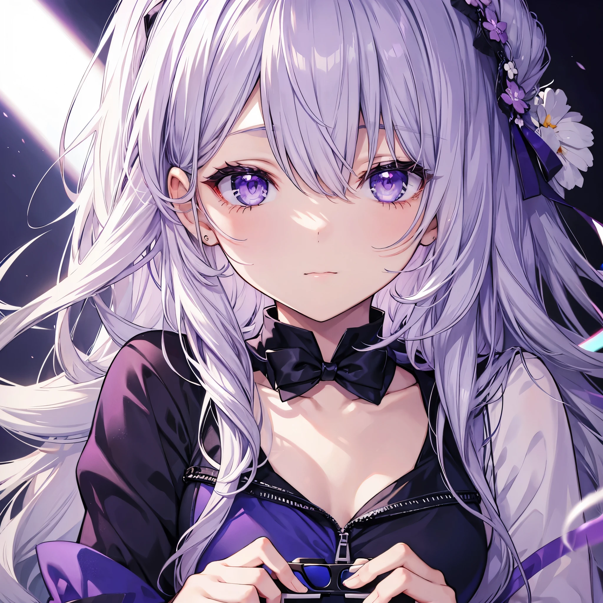 silver-haired beautiful girl、purple eyeaid clothes、