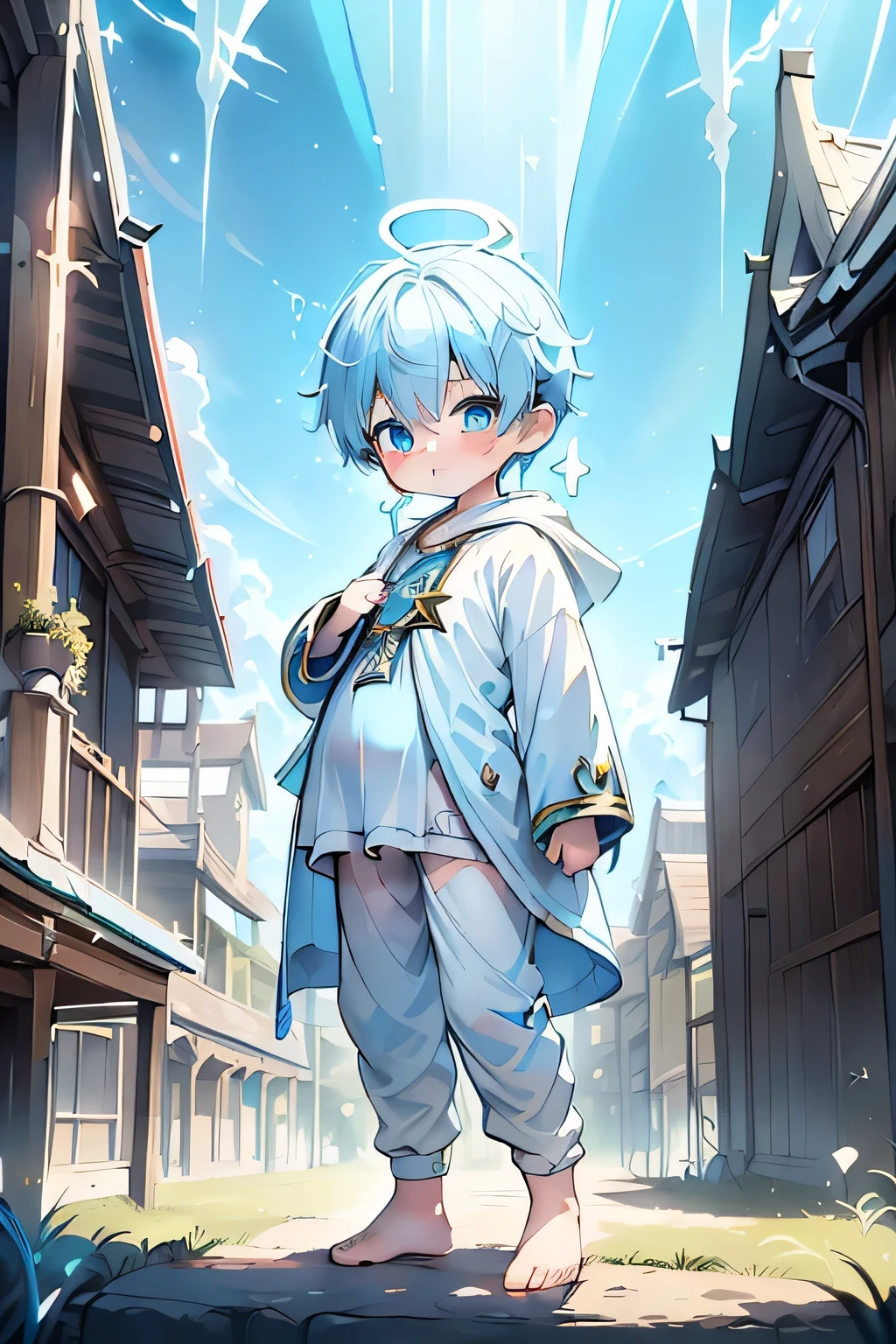 4k, (Masterpiece:1), boy with blue colored hair and shiny, glowing cyan eyes and barefoot, standing on field, epic, cinematic, young, boy, , small, toddle tiny feet, focus on feet, feet, blushing, (Young:1.4), (Child:1.4), (Shota:1.4), (male:1.4), (boy:1.4), (divine clothes:1.4), (epic:1.4), (posing:1.4), (cinematic:1.4),