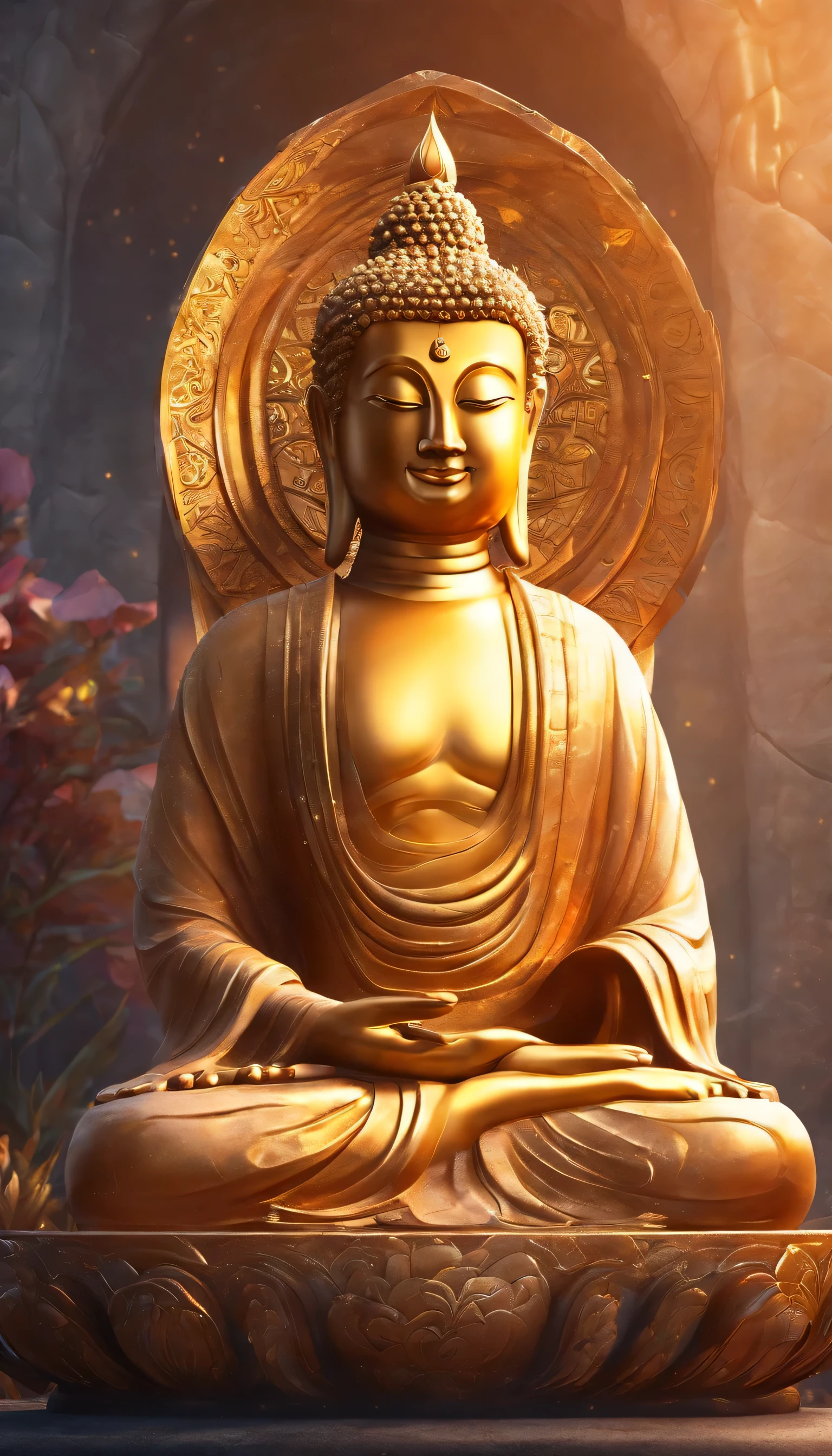 Buddha statue, stone, texture, expensive, majestic, The background is illuminated by sunlight