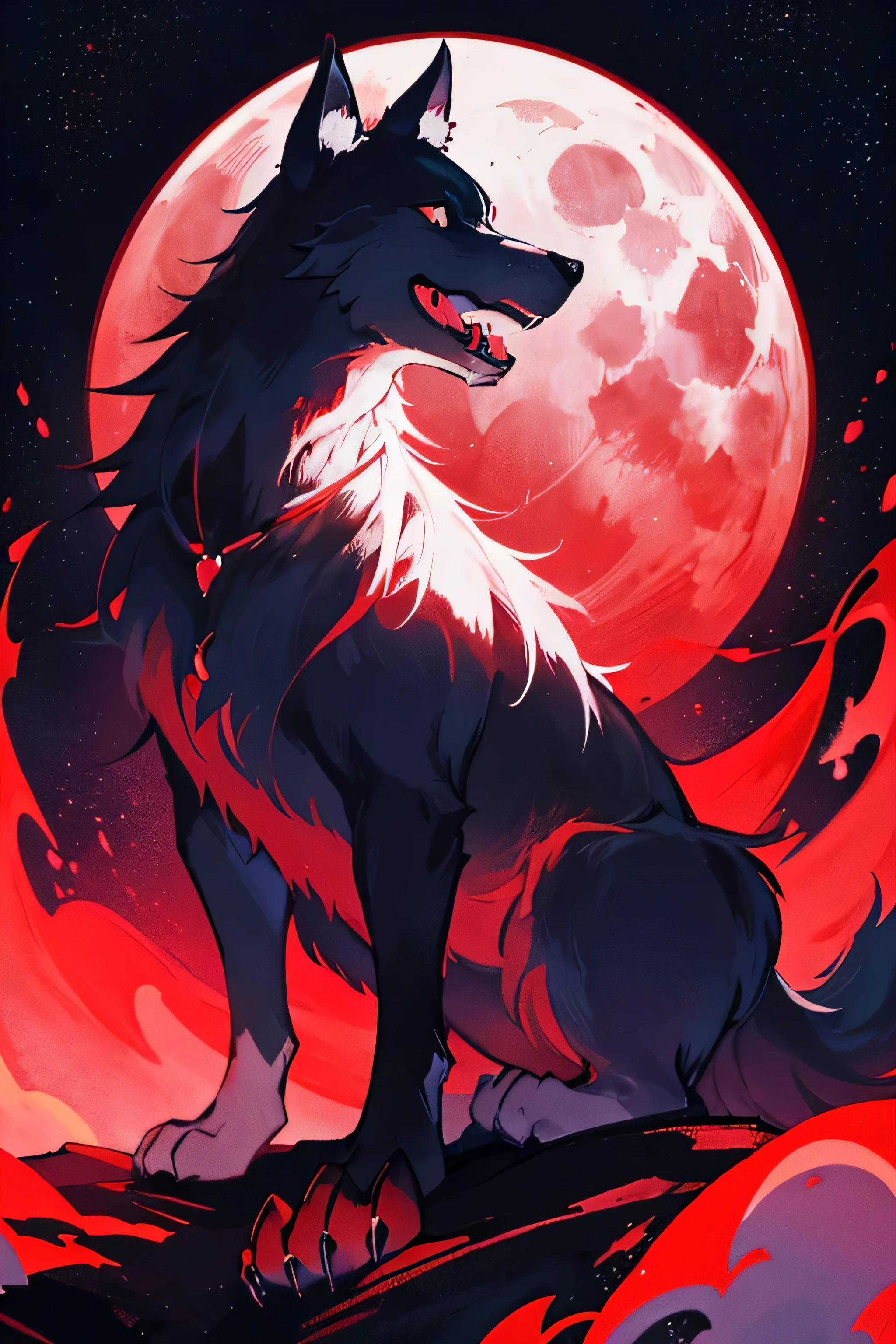 A silhouette of a wolf howling at the moon, with a vibrant red aura representing its wild spirit.