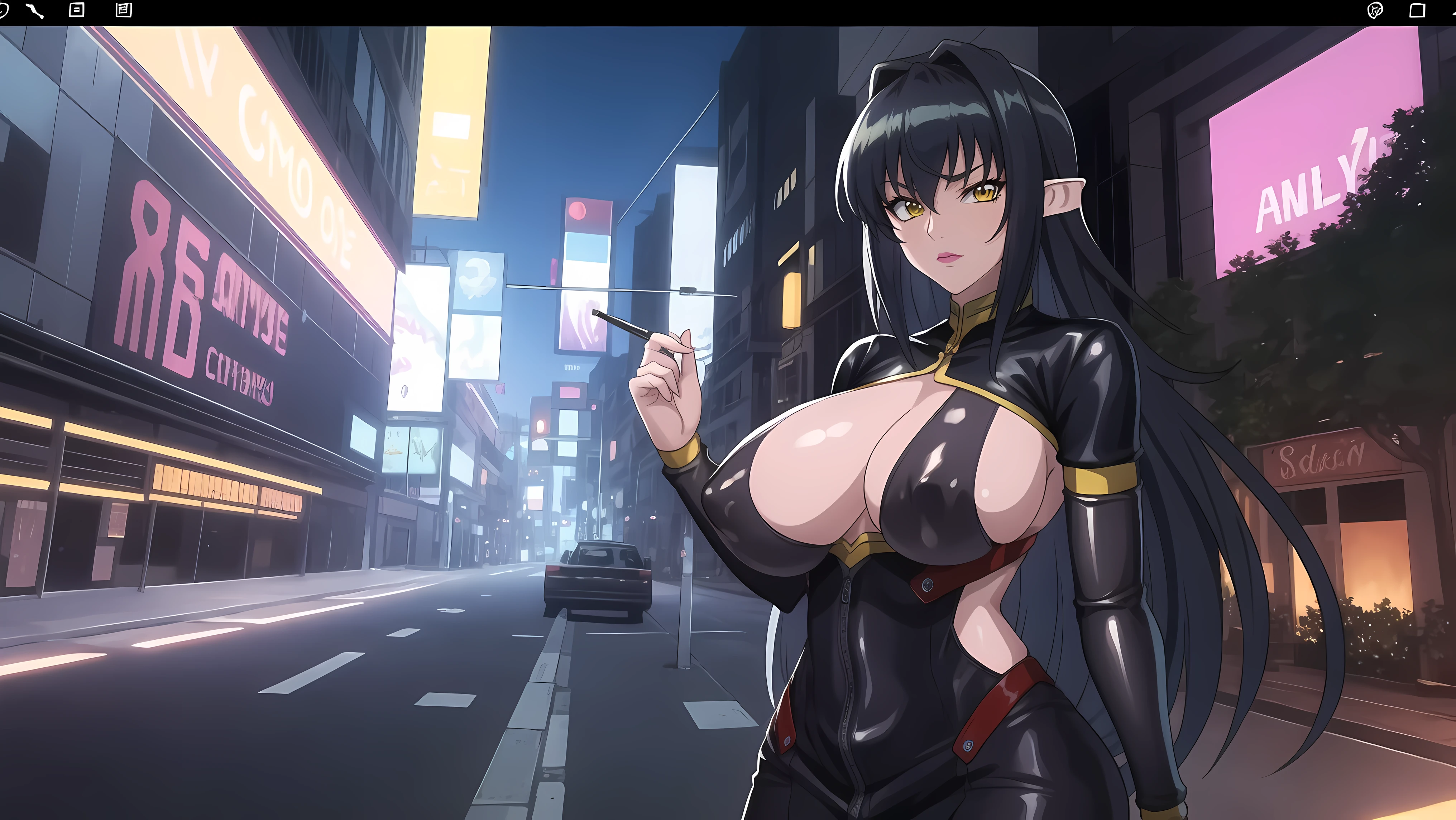 (high quality:1.1), intricate details, cinematic lighting, sharp focus, extreme face details,
Annerose, 1girl, solo, standing, cowboy shot,
looking at viewer, determined,
very long hair, hair intakes, black hair, pointy ears, yellow eyes, lip gloss,
(bodysuit:1.05), shiny clothes,
large breasts, (covered nipples:1.1), sideboob, beautiful scenery background, character in center, anime screenshot