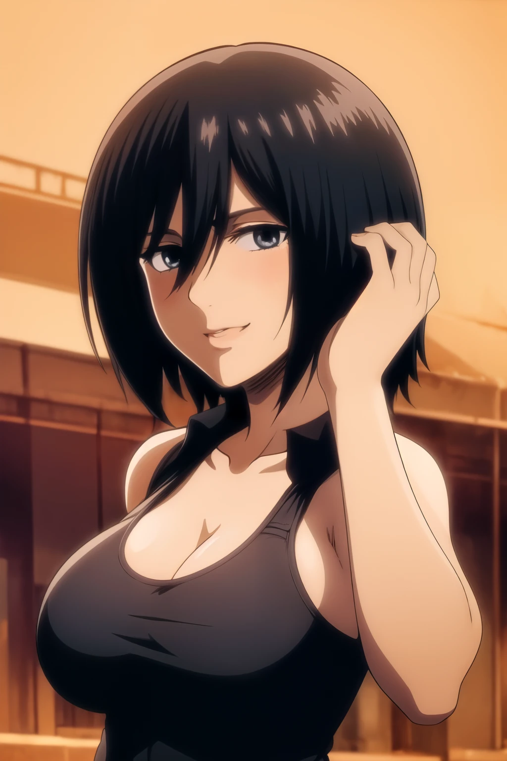 mikasa1 a woman, looking at the viewer, upper body, at the streets, attack on titan style, ultra HD, High Resolution, 8K, Highres, smile, teeth, looking at viewer, ((hands behind the head)), upper half body, cowboy shot, upper half body visible in the image , ((wearing black bra and underwear , short hair, big breasts:1