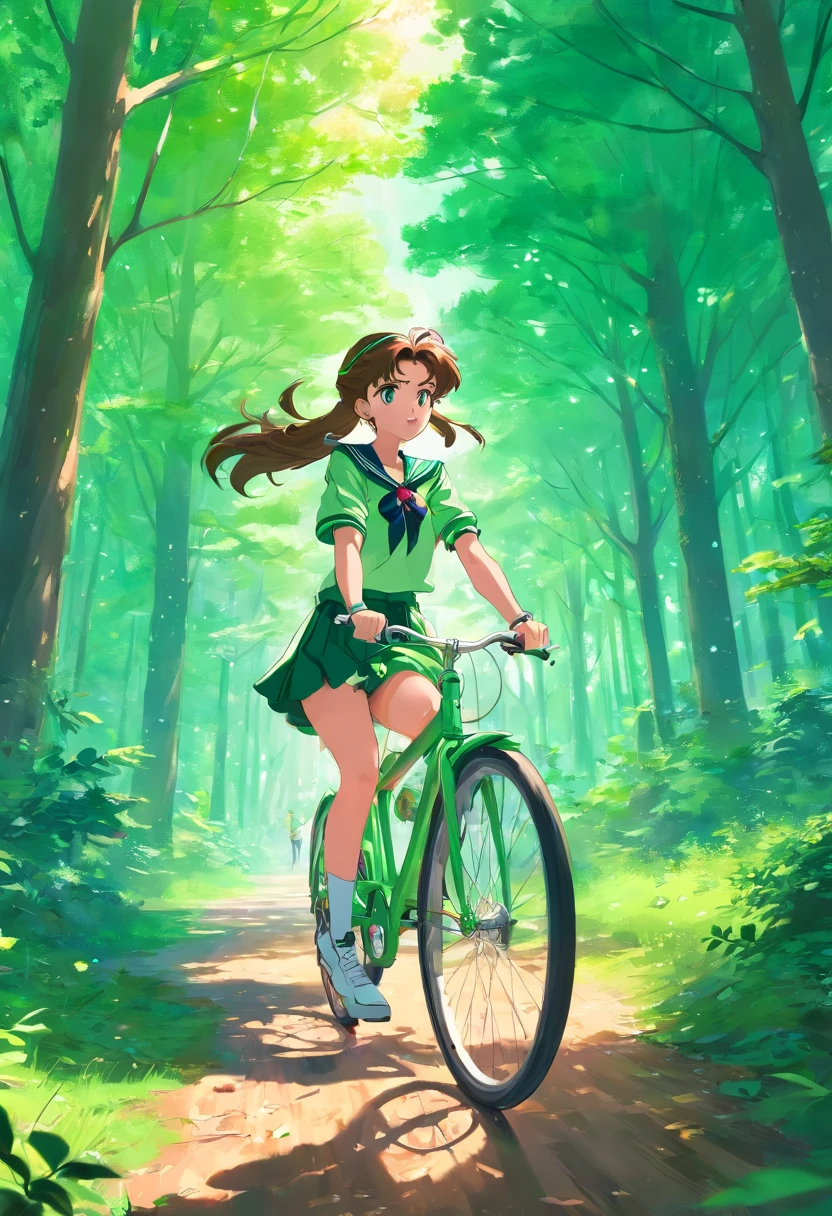 Sailor Jupiter Rides Bicycle in Forest Region
