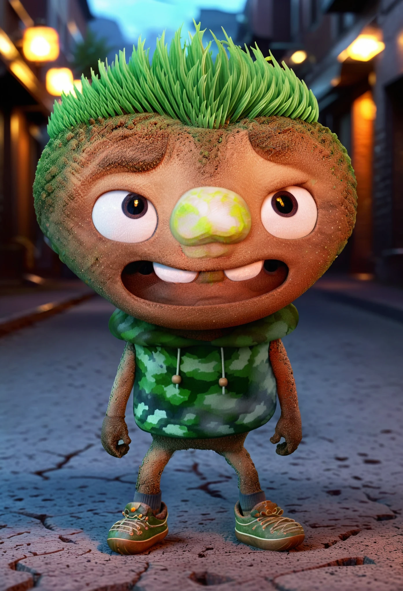 3d character concept, clod, clod full body portrait, evil stare in camera, clod look on us, straight stare in camera view, evil smirk, evil smile, very angry emotion, blurred background