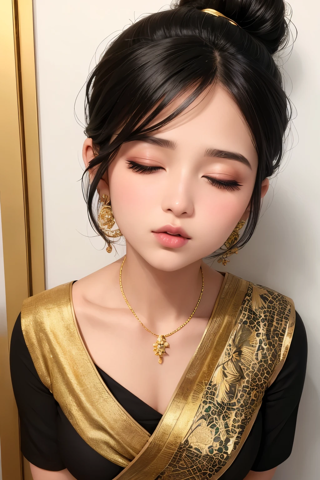 Sexy woman, black hair tied in a bun, smokey eyes, eyeliner, blushing intensely, fairest skin, plump face, soft lips, gold blouse, white saree with gold borders, pinned against a wall