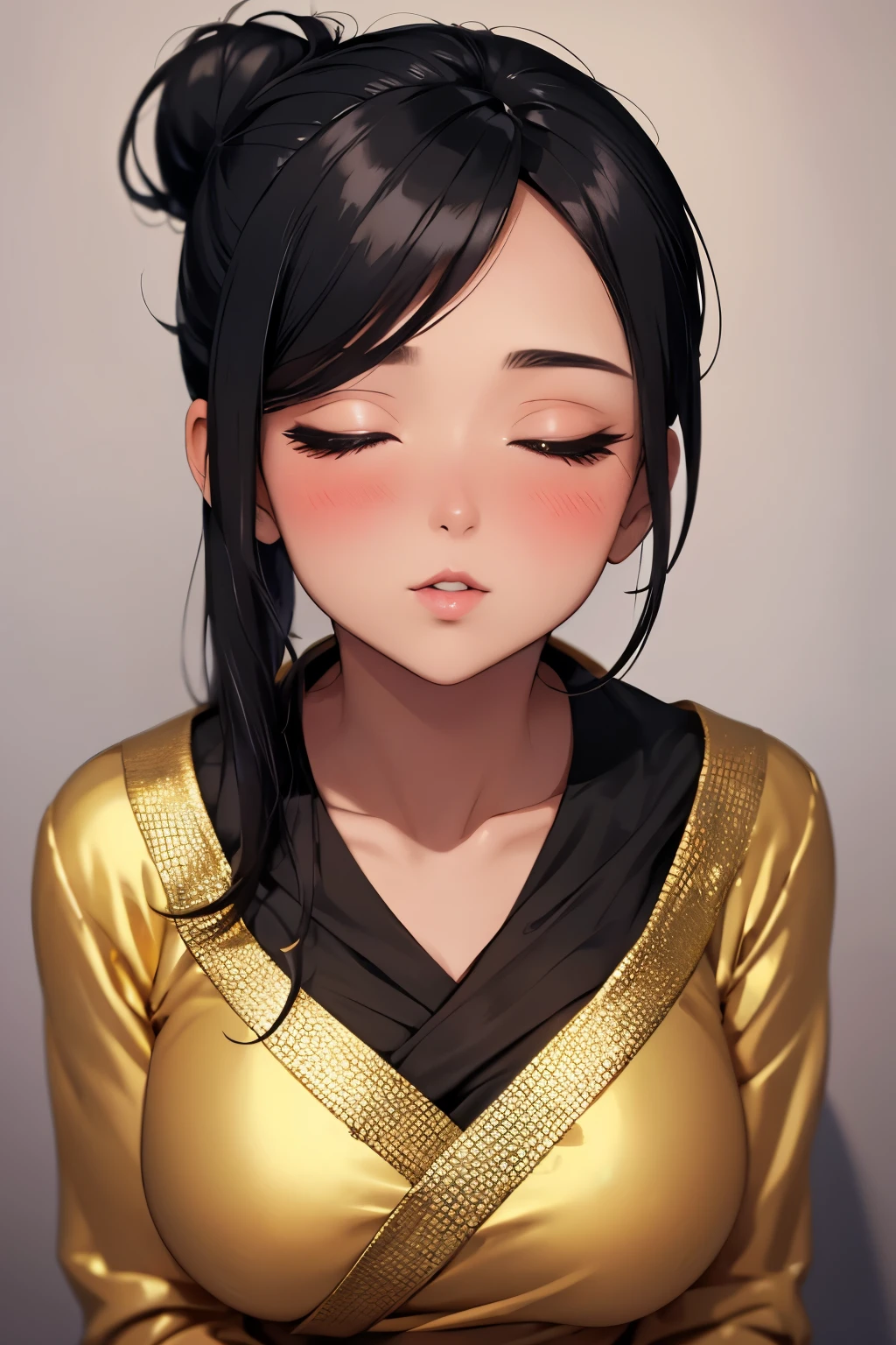 Sexy woman, black hair tied in a bun, smokey eyes, eyeliner, blushing intensely, fairest skin, plump face, soft lips, gold blouse, white saree with gold borders, pinned against a wall