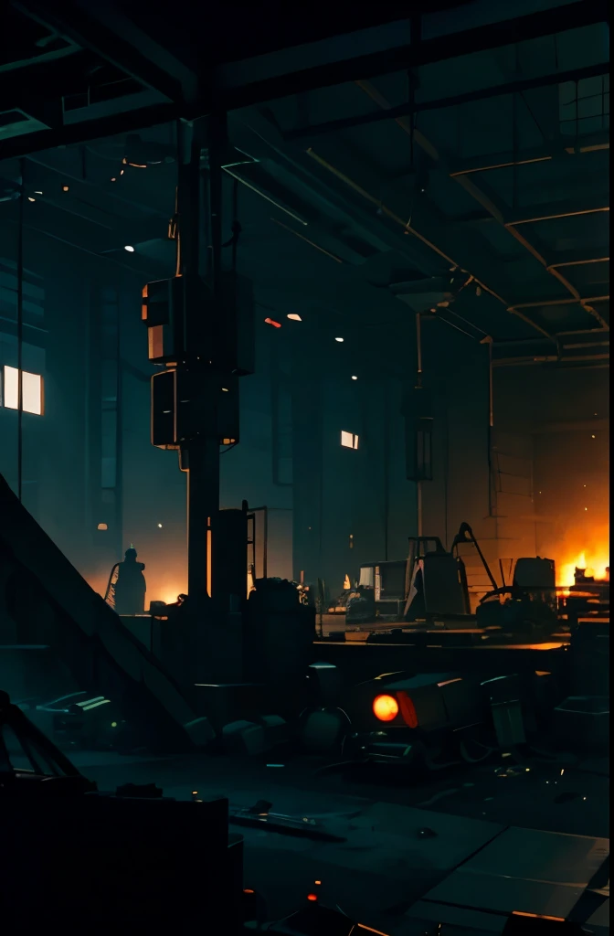 A dimly lit mechanical disassembly station，Behind you can see towering piles of corpses and various parts.，Very detailed, movie lighting.