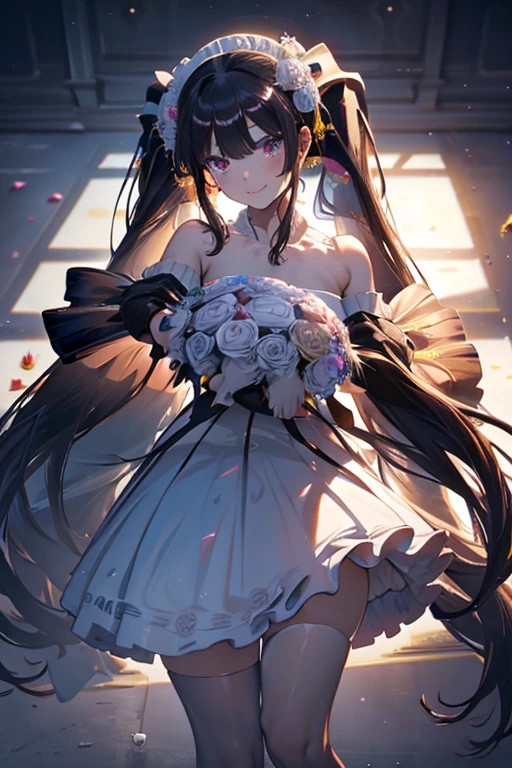 (from above:1.25),(from side:0.8), ((Face)), (Close-Up:0.9), ((looking at viewer, holding a bouquet to his mouth)), highest quality、(real、photorealistic:1.4)、(RAW photo:1.2)、very detailed CG unity 8k wallpaper, delicate and beautiful, wonderful, Fine detail, official art, huge file size, Ultra-detailed, very detailed girl, very detailed eyes and face, Bright on the face、(26 age girl:1.0)、small smile, smiling, (twintail hair:1.25), hair between eyes, hair twintails, (long hair:1.25), tiara,ruany,off-shoulder dress,pearl ,(gemstone),tiara,veil,wedding dress, wedding necklace, wedding long gloves, (luxurious bouquet:1.9), chapel, Stained glass,(best quality, highres, masterpiece:1.2), ultra-detailed, (realistic:1.37) illustration, erotic style, soft lighting, sweat glistening on her body, gentle warmth, mysterious, small breast,narrow waist,(with sparkling eyes and a contagious smile),her thin pubic hair, looking at viewer,