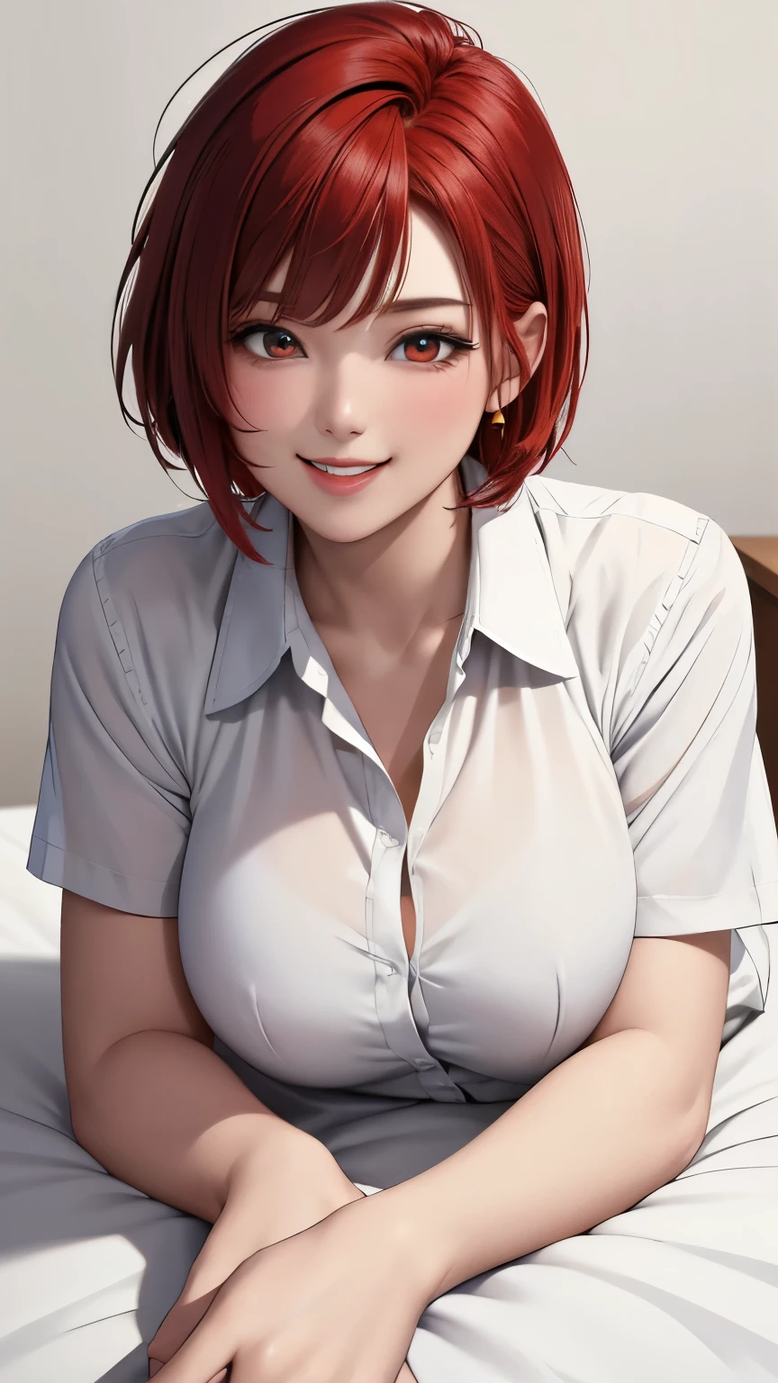 Woman 30 years, beautiful face, short red hair, nurse, tight white clothing, unbuttoned blouse, no buttons, no bra, no bra, beautiful face, medium breasts, wet and soft, leaning forward, arms and hands resting on the leg, close,, sensual pose, , slightly wide hips, side view, nice thighs, head turned to look at viewer, perfect hands, show knees