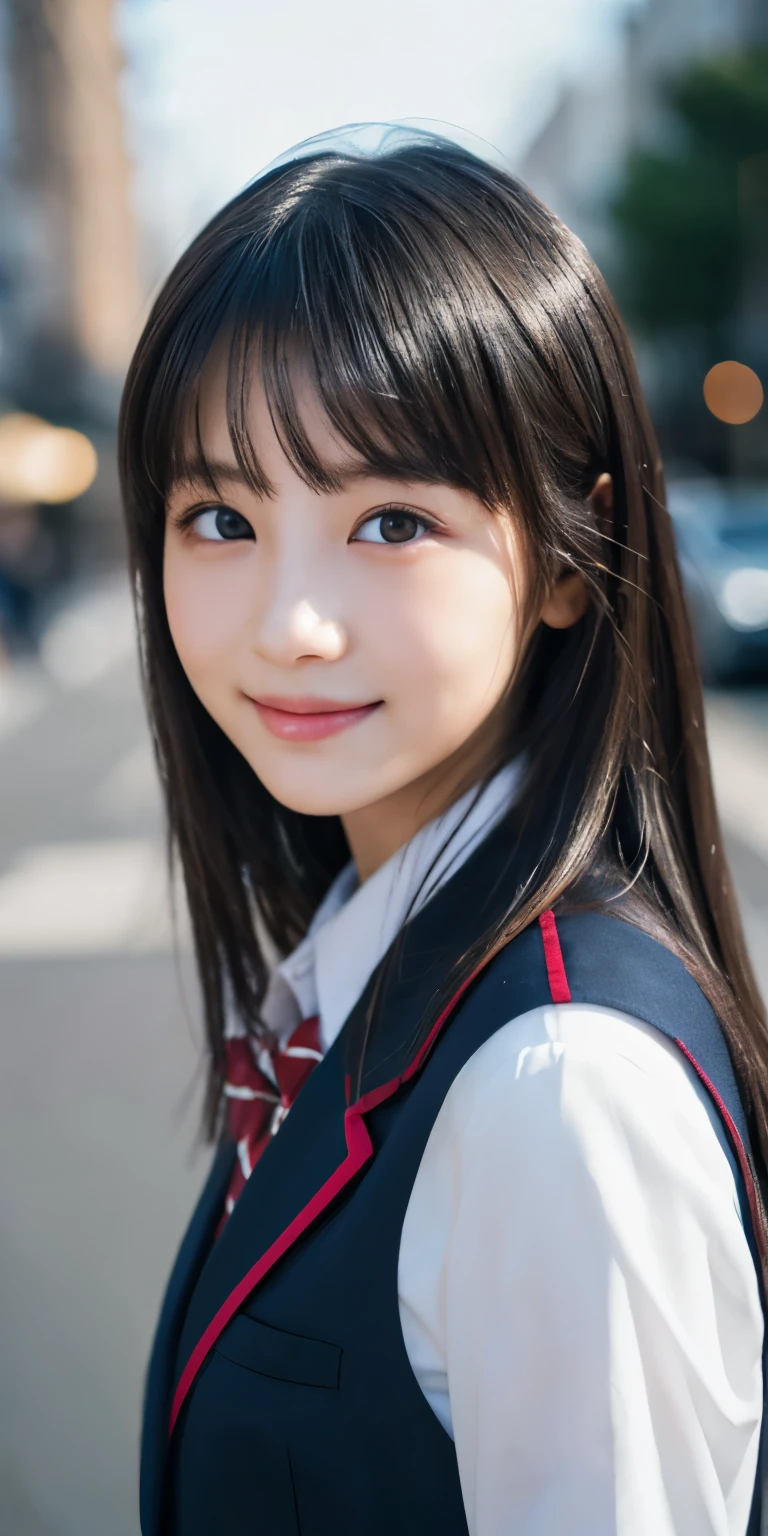 1 girl, (Please wear your high school uniform:1.2), (13 years old:1.5), （Original　Cai Naihua）, young face, cute face, (Raw photo, highest quality), (realistic, Photoreal:1.4), pieces fly, sharp focus, very delicate and beautiful, very detailed, 2k wallpaper, wonderful, finely, very detailed CG Unity 8K 壁紙, Super detailed, High resolution, soft light, beautiful detailed girl, very detailed目と顔, beautifully detailed nose, beautiful and detailed eyes, Break Spring Street Corner, cinematic lighting, perfect anatomy, slender body, straight long, long hair, parted bangs, innocent smile, （looking at the viewer）,