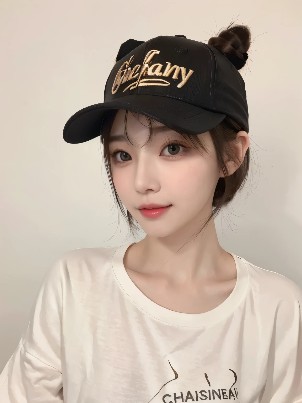 Best image quality、original photo、ultra high resolution、21 years old Korean、small breasts、dynamic angle、Cowboy shooting、The most beautiful form of chaos、elegant、Innovative design、bright colors、,light brown short hair、disheveled hair、light brown eyes 、black baseball cap(表情Smile)、short bob、Smile、Fair and shiny skin、beautiful eyes,random colors、The details are very beautiful、thin lips、细致beautiful eyes、elongated eyes、pale pink cheeks、long eyelashes、beautiful double eyelids、eye shadow、he、White big T-shirt sweatshirt、baggy pants、Shot from the side、sexy pose、enlarge