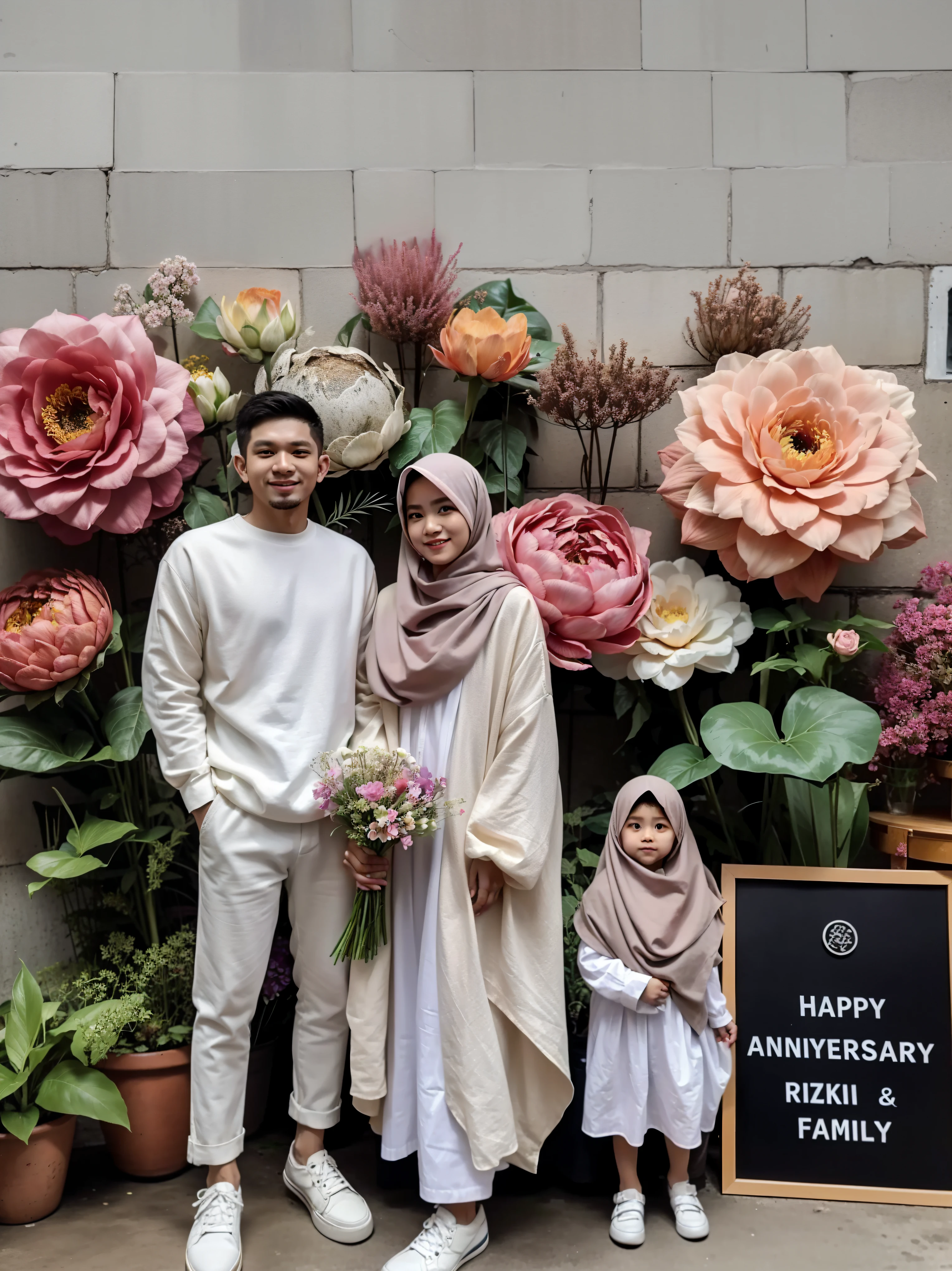 there are two people standing next to a flower display with flowers, happy couple, happy family, barong family, an indonesian family portrait, inspired by Nazmi Ziya Güran, 👁🌹👾, instagram picture, with flowers, full body photogenic shot, instagram photo, lovely couple, huge blossoms, instagram post, inspired by Ismail Acar, ✨🕌🌙