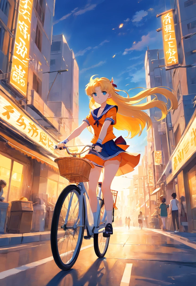 Sailor Venus Rides a Bicycle in golden city, 