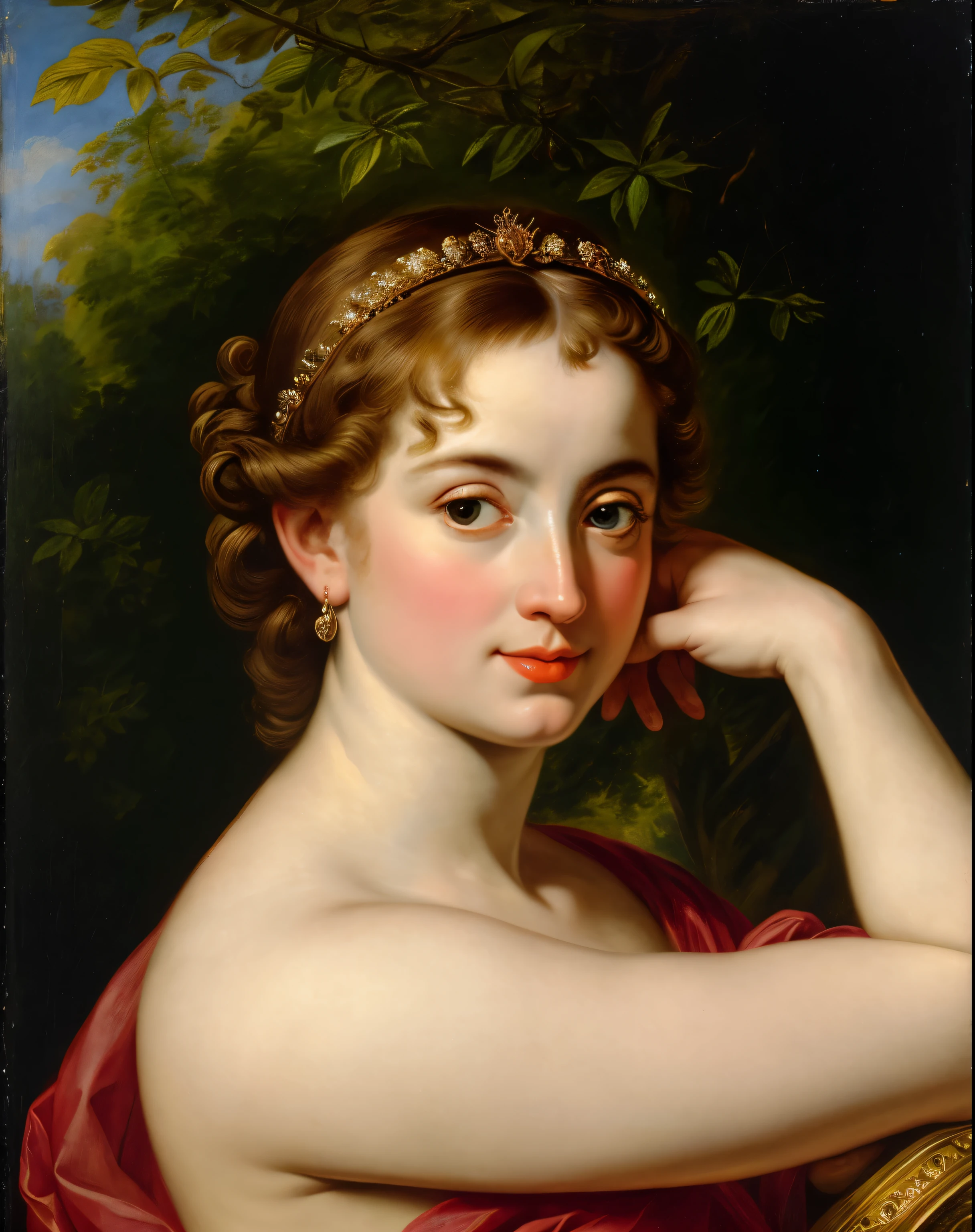 Masterpiece, Best quality, high clarity eyes, critically flawless,sharp picture, Full portrait, High pixels, perfect face, perfect eyes, thick figure, beautiful face, perfect hands,perfect fingers, in Peter Paul Rubens style, by Peter Paul Rubens, baroque style, acrylic on canvas, highly detailed, description: "Create a nymph inspired by the tales of Greek or Roman mythology, embodying the essence of a natural element or location, and possessing a unique ability or trait that sets her apart."