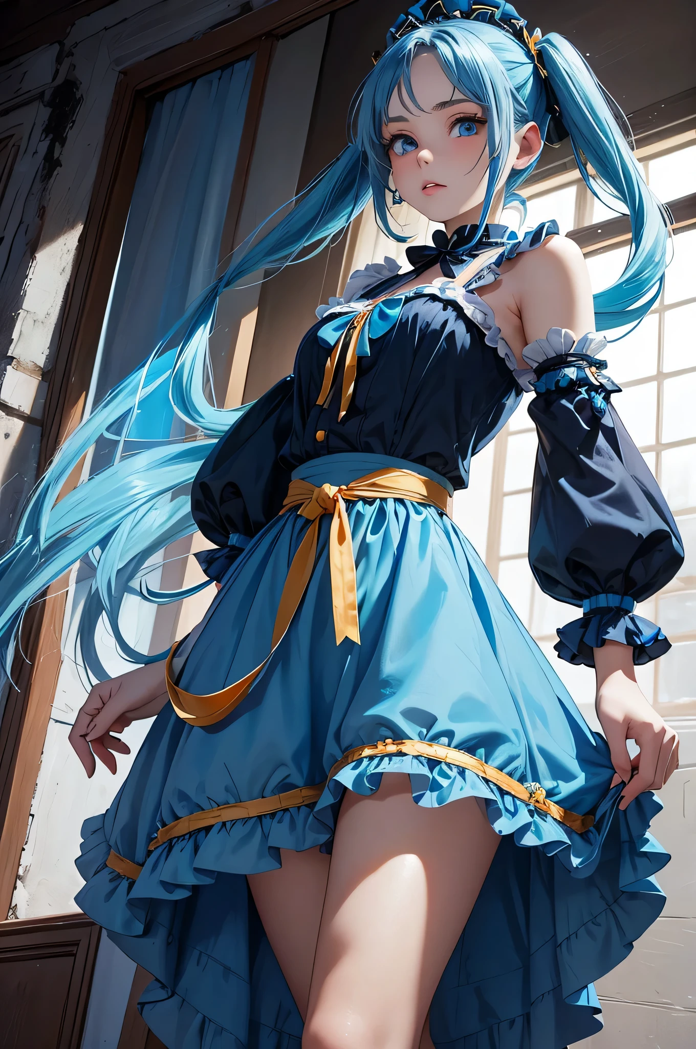 A blue hair girl with long hair put into pigtails, she has light blue eyes and a pale skin, orange ribbons to hold her pigtails, a black dress with blue frills, adorned in gold, she is elegant in her pose
