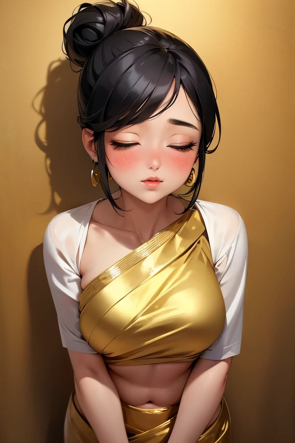 Sexy woman, black hair tied in a bun, smokey eyes, eyeliner, blushing intensely, fairest skin, plump face, soft lips, gold blouse, white saree with gold borders, pinned against a wall
